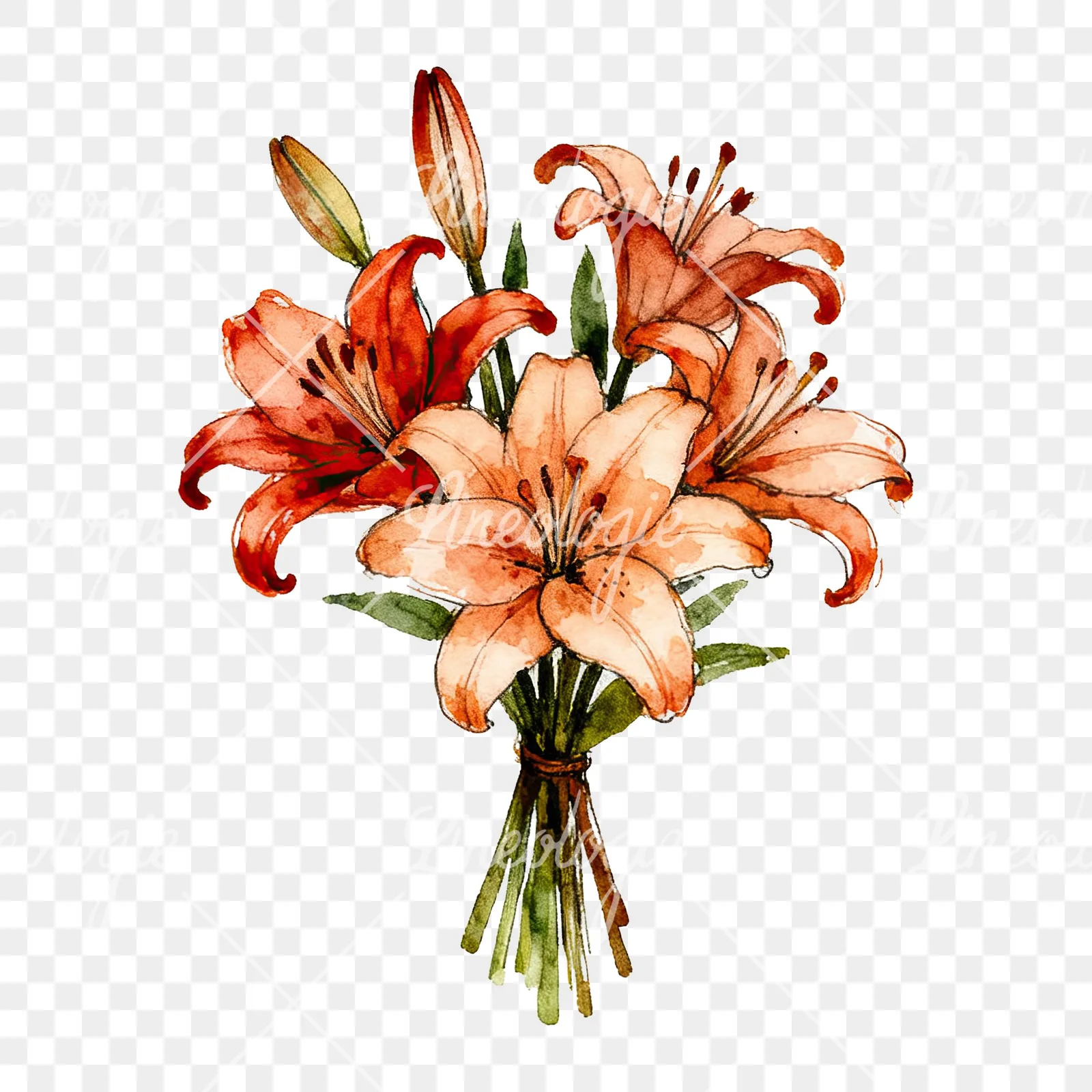 Watercolor colorful lily bouquet clipart 9 of 9 on a transparent background (PNG)