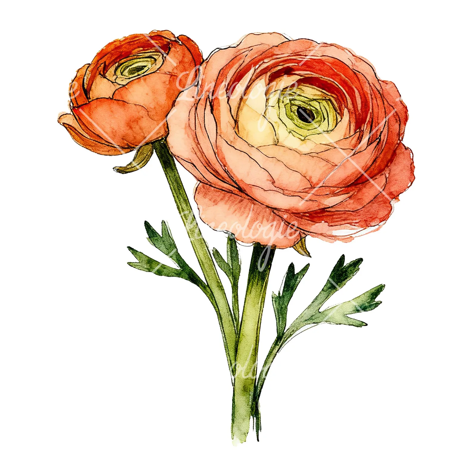Watercolor ranunculus bouquet with purple clipart 1 of 9 on a white background (JPG)