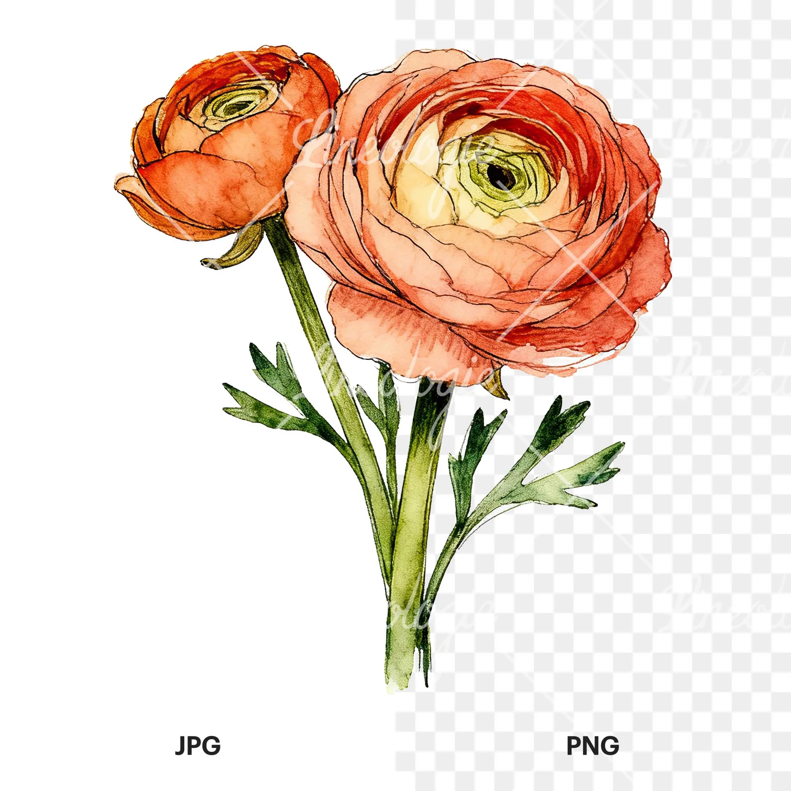 Watercolor ranunculus bouquet with purple clipart 1 of 9, as a JPG on white and a transparent PNG