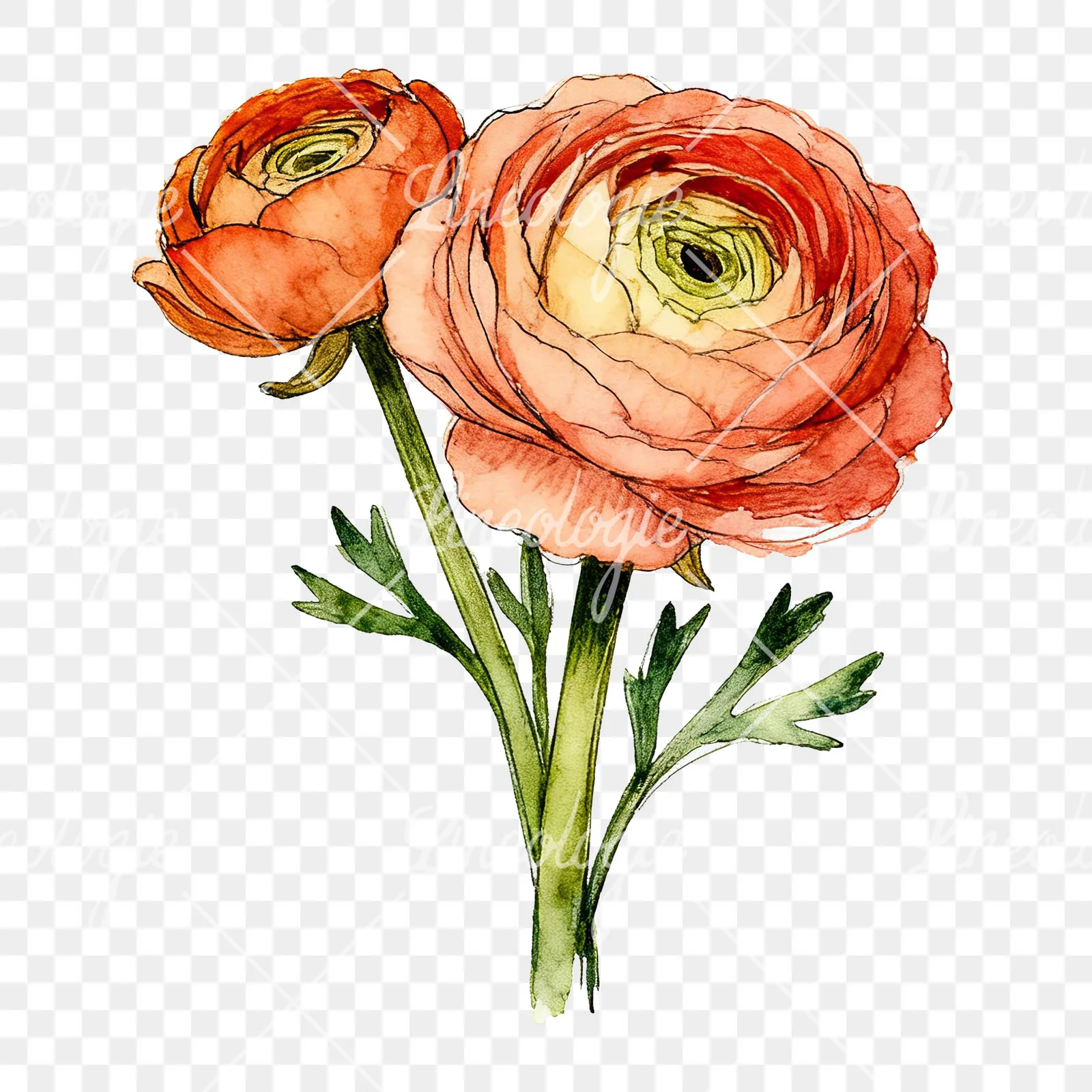 Watercolor ranunculus bouquet with purple clipart 1 of 9 on a transparent background (PNG)