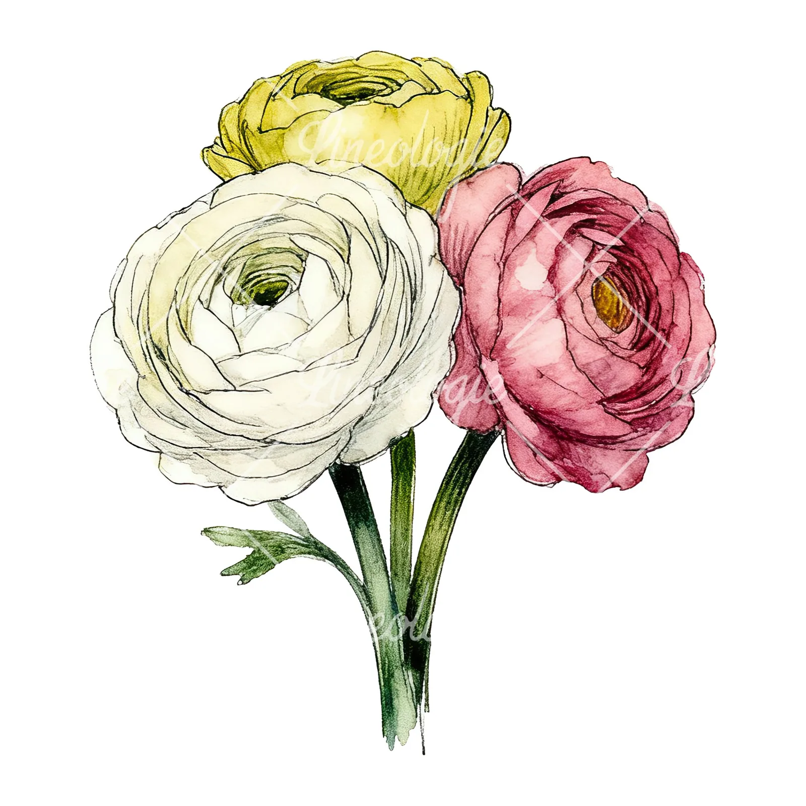 Watercolor ranunculus bouquet with purple clipart 2 of 9 on a white background (JPG)