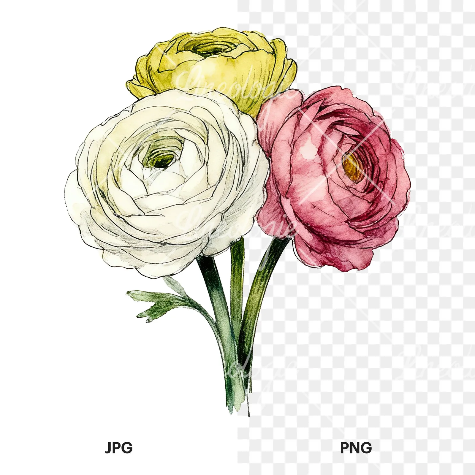 Watercolor ranunculus bouquet with purple clipart 2 of 9, as a JPG on white and a transparent PNG