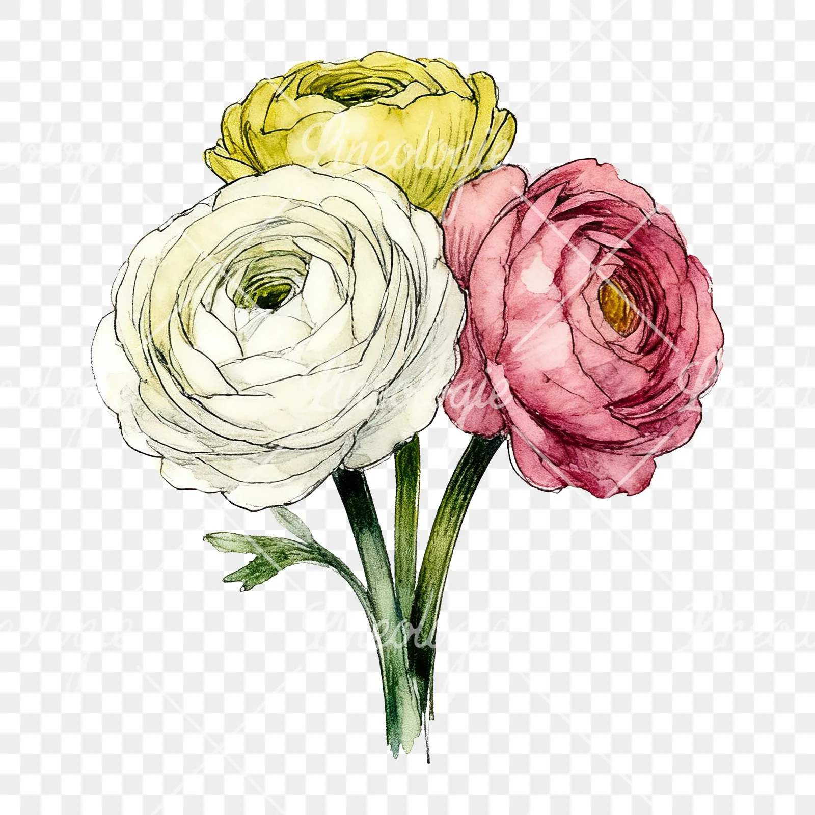 Watercolor ranunculus bouquet with purple clipart 2 of 9 on a transparent background (PNG)
