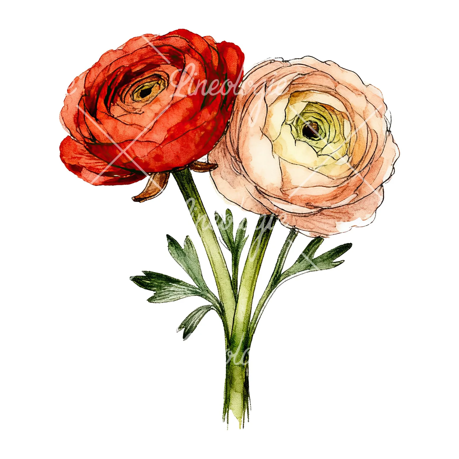 Watercolor ranunculus bouquet with purple clipart 3 of 9 on a white background (JPG)