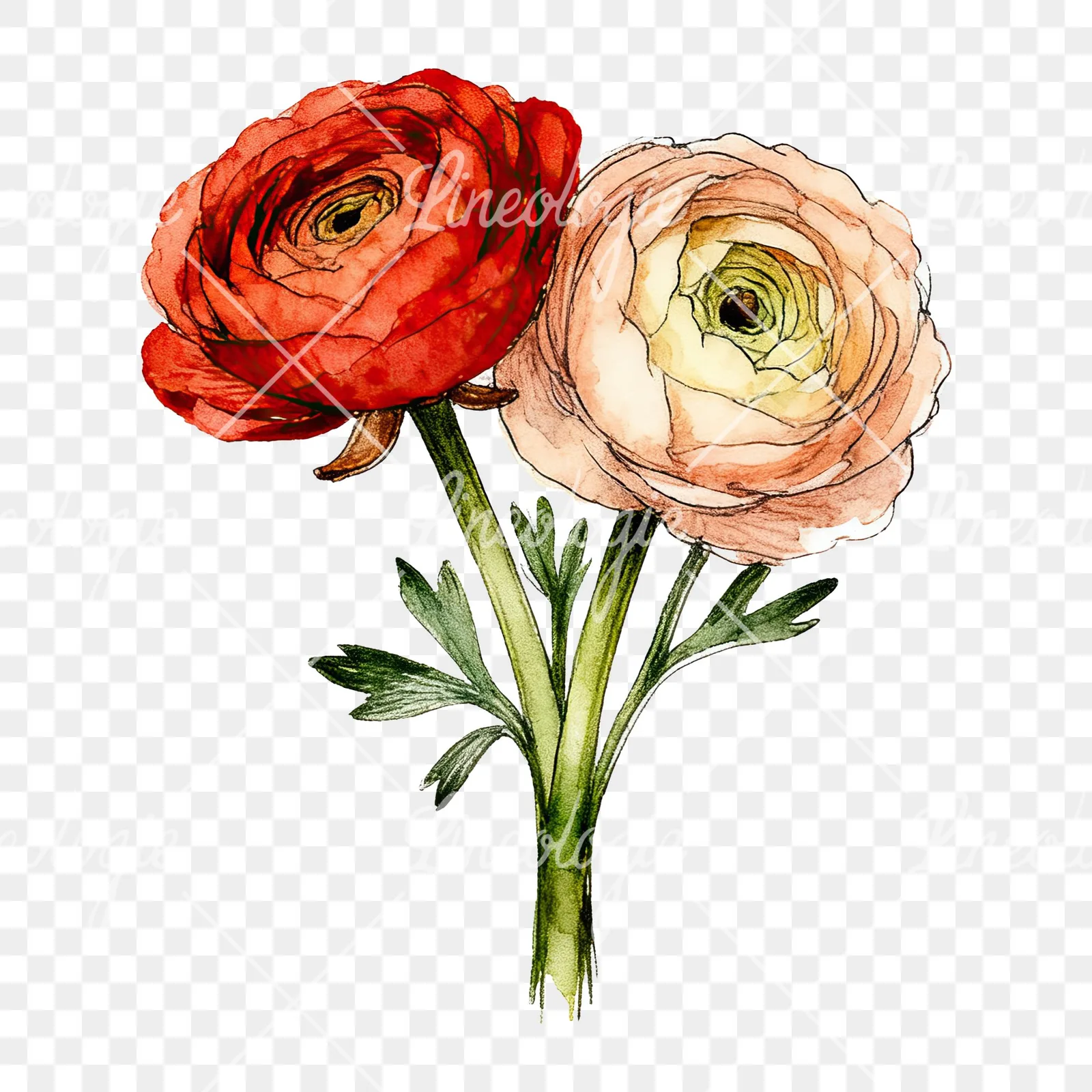 Watercolor ranunculus bouquet with purple clipart 3 of 9 on a transparent background (PNG)