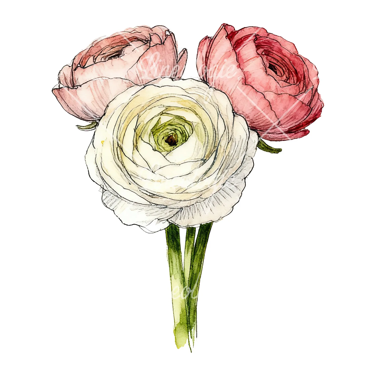 Watercolor ranunculus bouquet with purple clipart 4 of 9 on a white background (JPG)