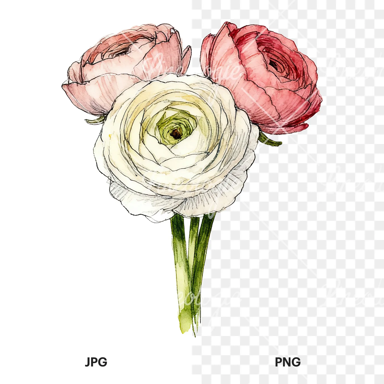 Watercolor ranunculus bouquet with purple clipart 4 of 9, as a JPG on white and a transparent PNG