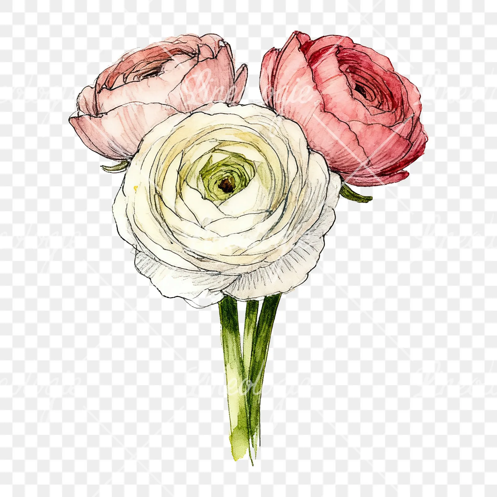 Watercolor ranunculus bouquet with purple clipart 4 of 9 on a transparent background (PNG)