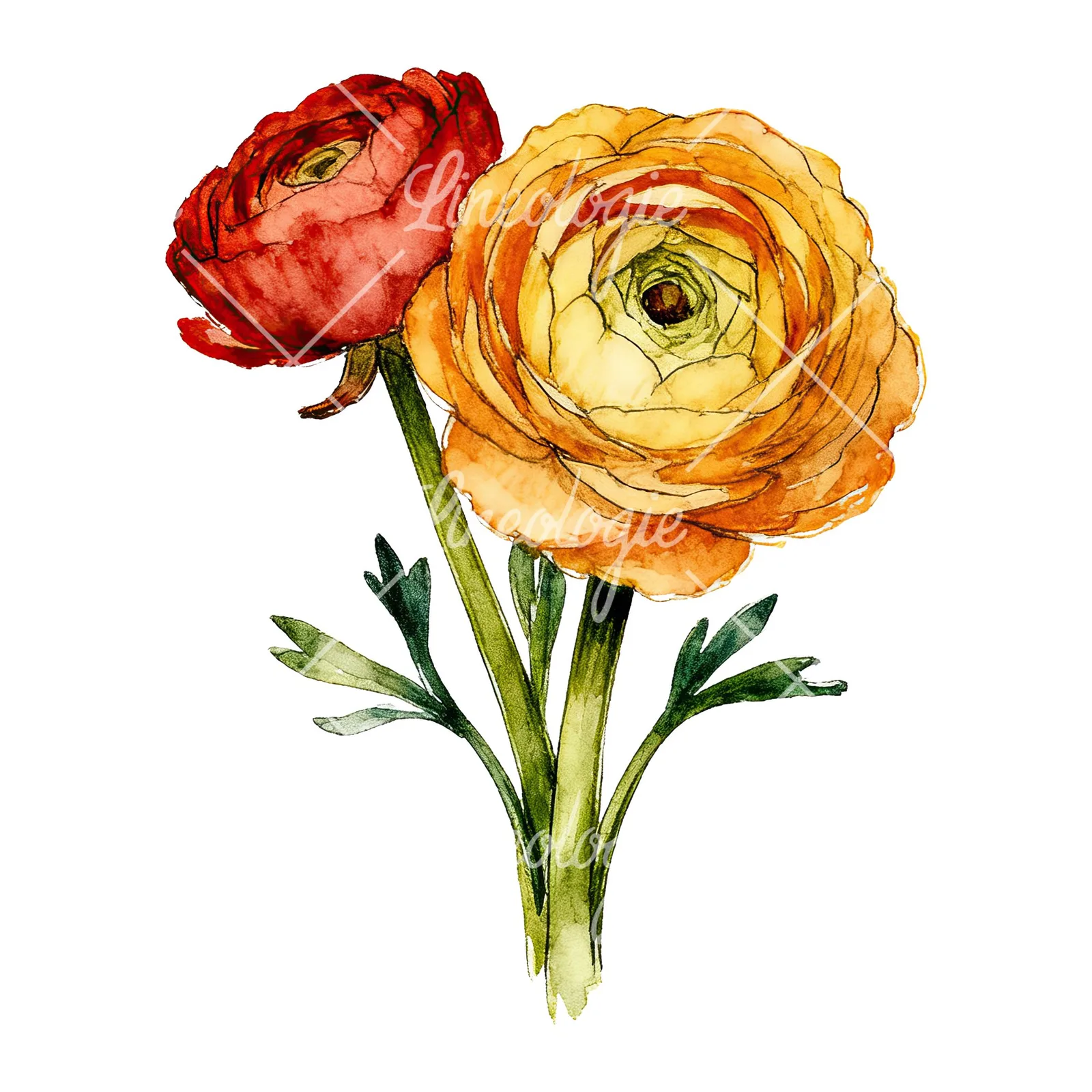 Watercolor ranunculus bouquet with purple clipart 5 of 9 on a white background (JPG)