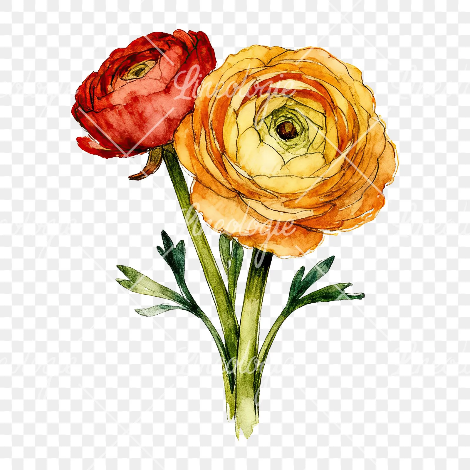 Watercolor ranunculus bouquet with purple clipart 5 of 9 on a transparent background (PNG)