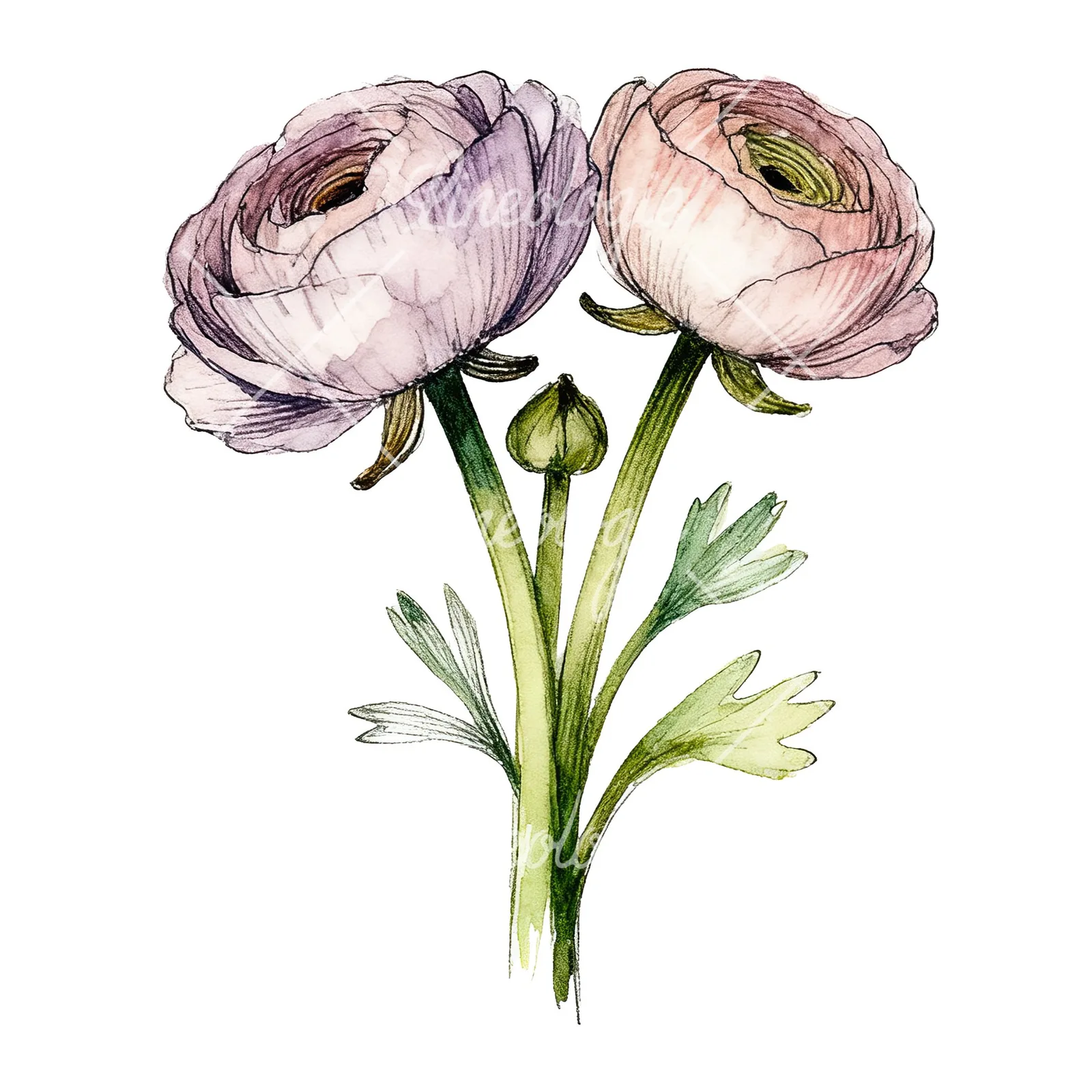 Watercolor ranunculus bouquet with purple clipart 6 of 9 on a white background (JPG)