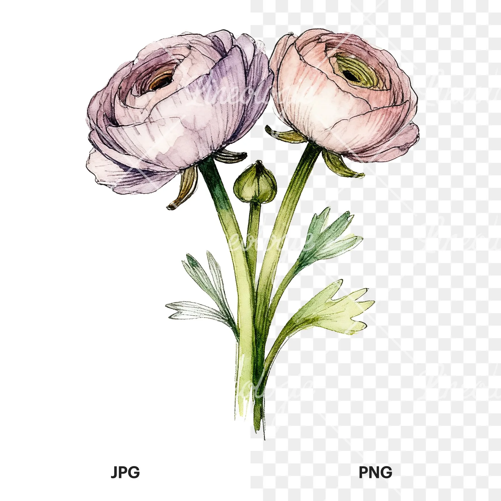 Watercolor ranunculus bouquet with purple clipart 6 of 9, as a JPG on white and a transparent PNG