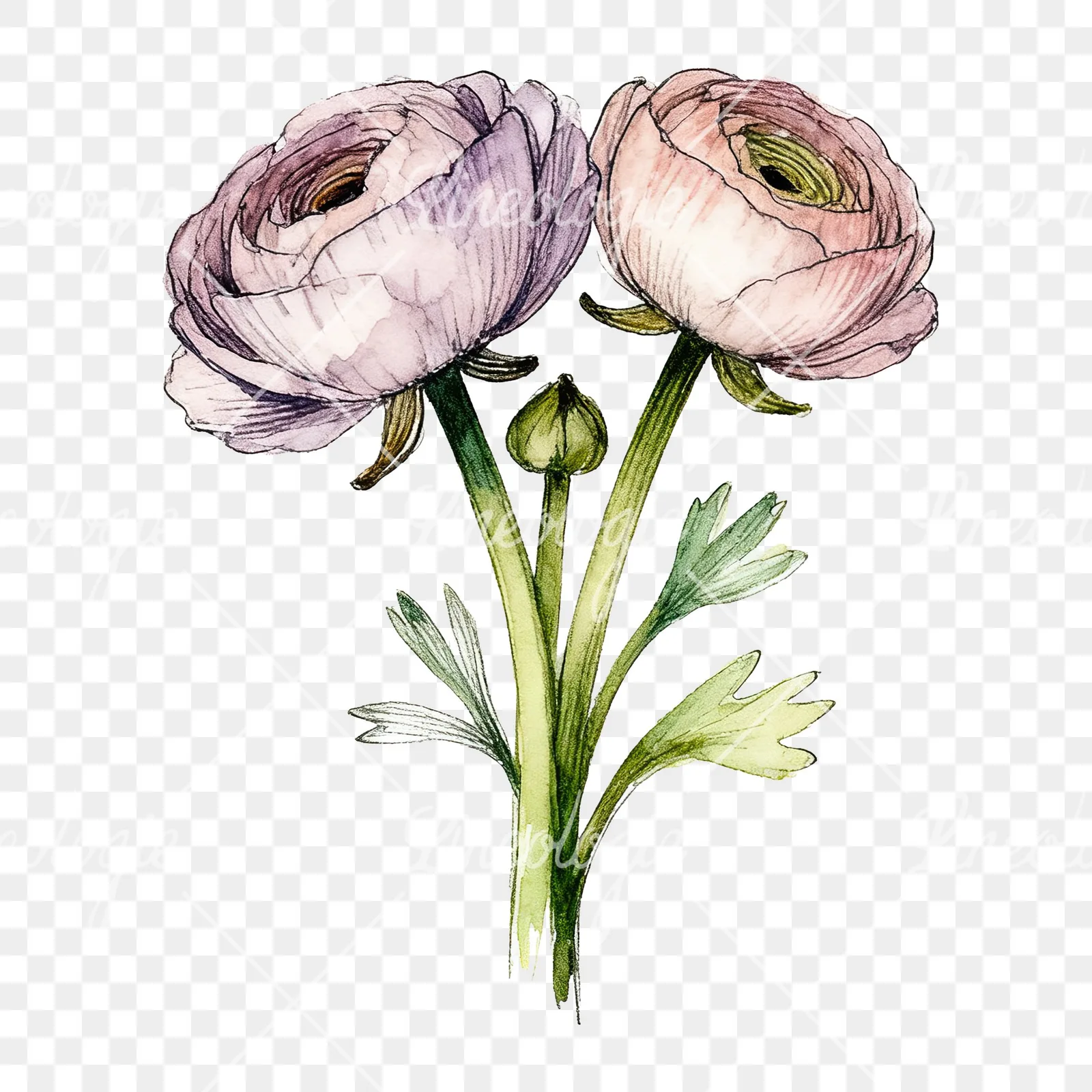 Watercolor ranunculus bouquet with purple clipart 6 of 9 on a transparent background (PNG)