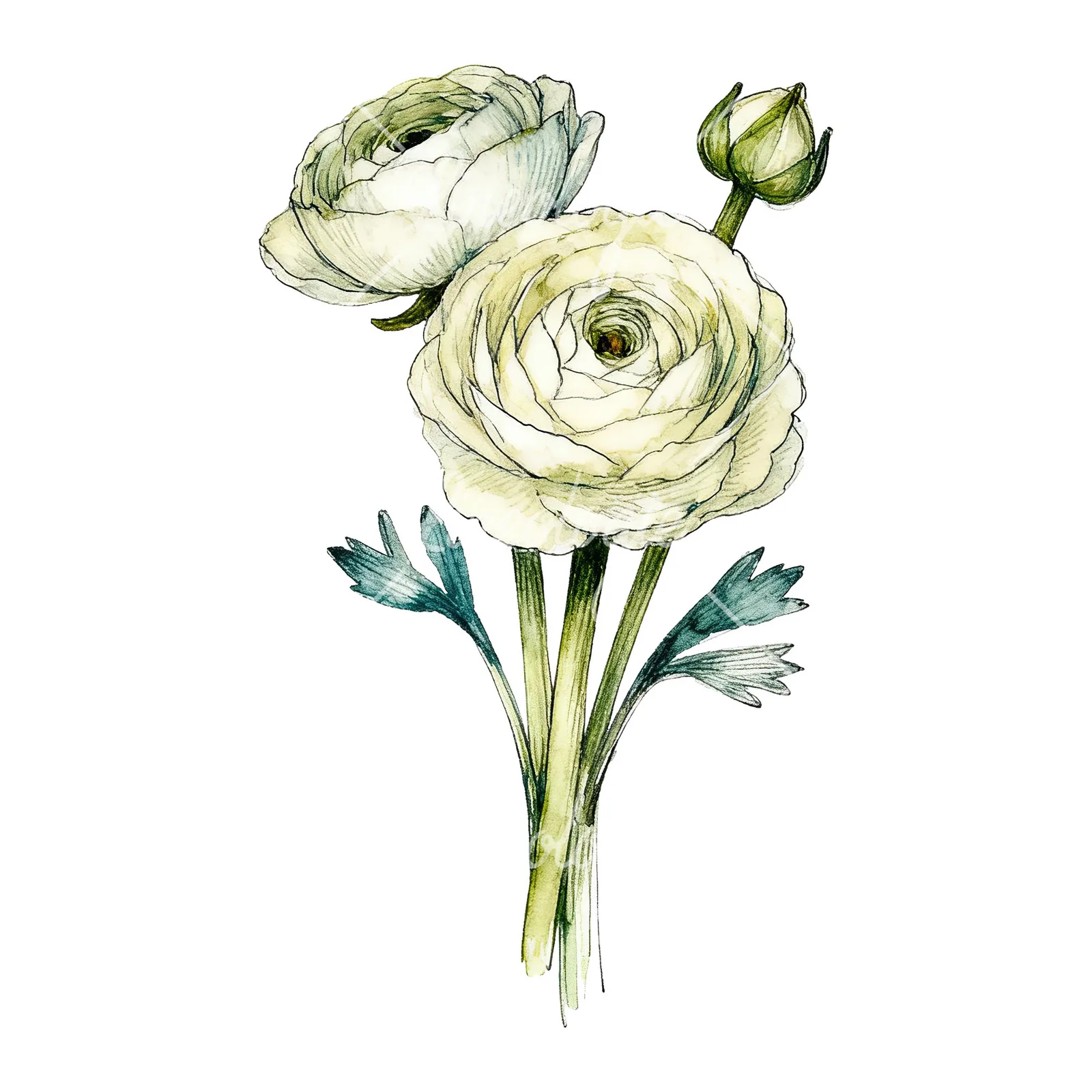 Watercolor ranunculus bouquet with purple clipart 8 of 9 on a white background (JPG)