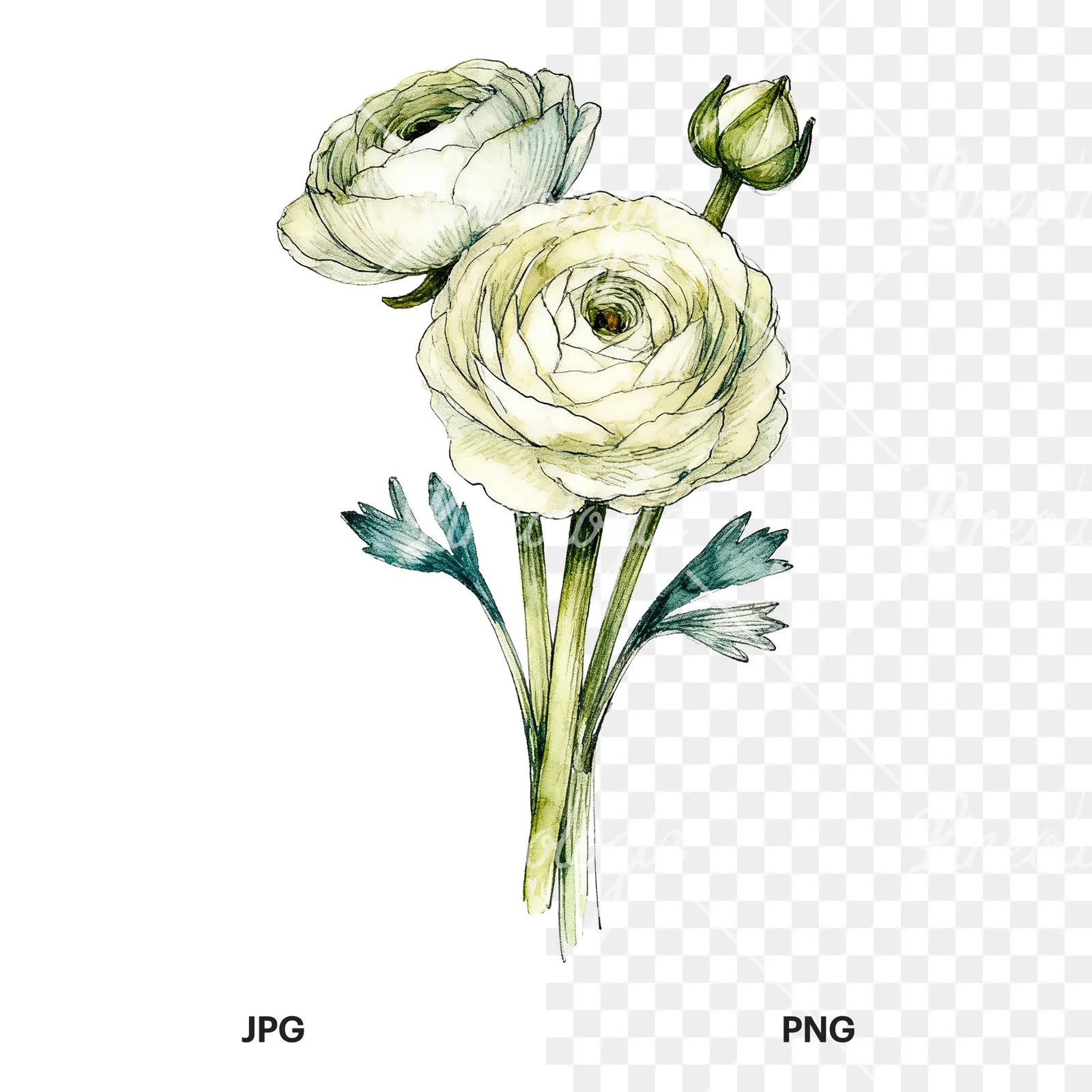 Watercolor ranunculus bouquet with purple clipart 8 of 9, as a JPG on white and a transparent PNG