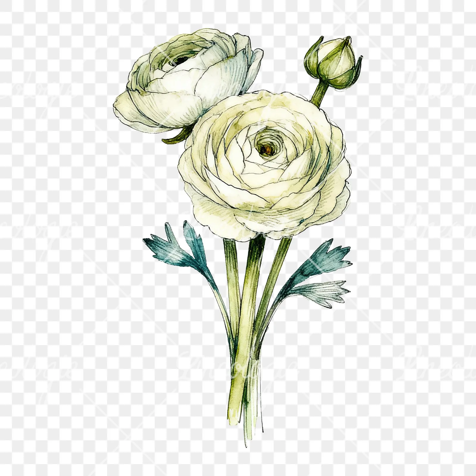 Watercolor ranunculus bouquet with purple clipart 8 of 9 on a transparent background (PNG)