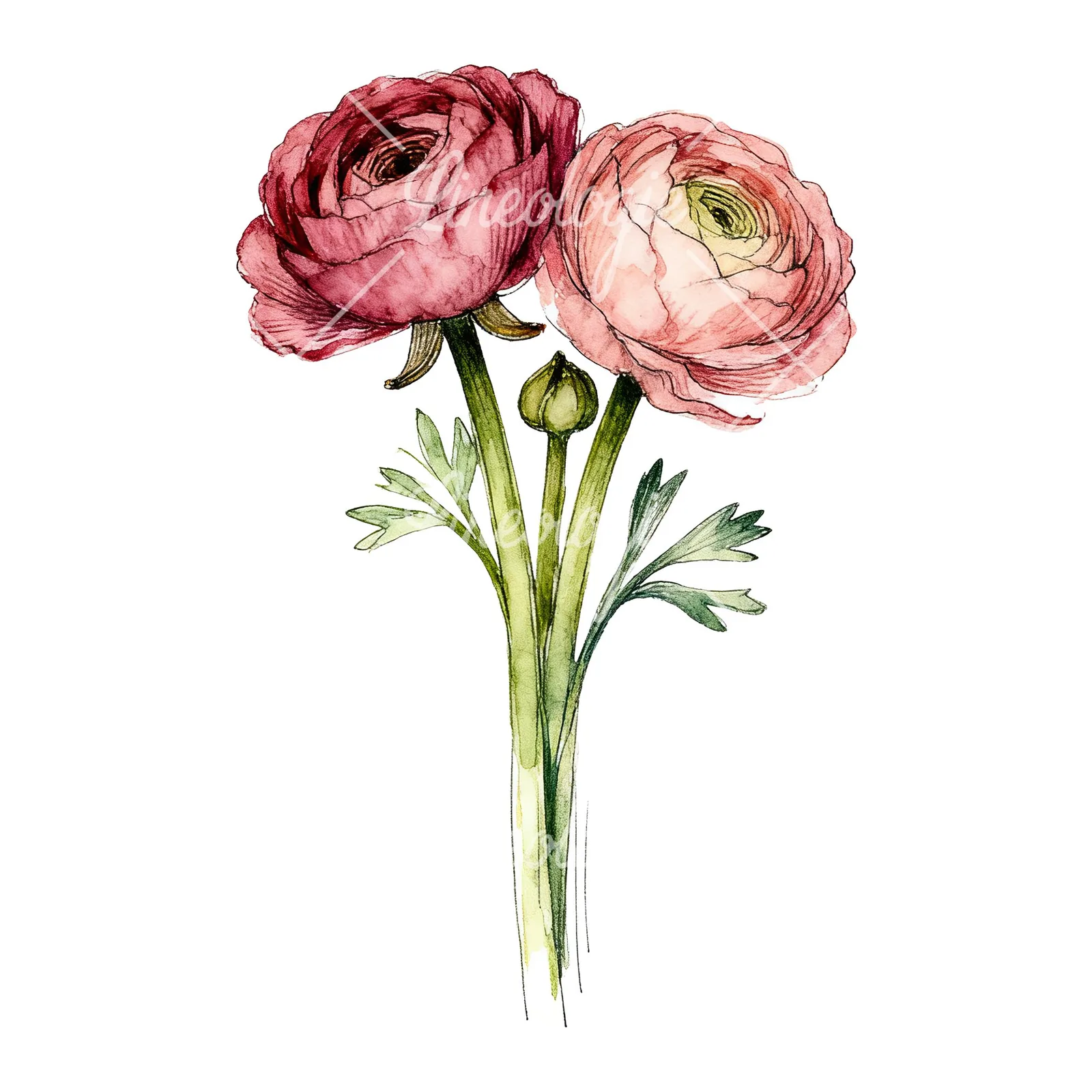 Watercolor ranunculus bouquet with purple clipart 9 of 9 on a white background (JPG)