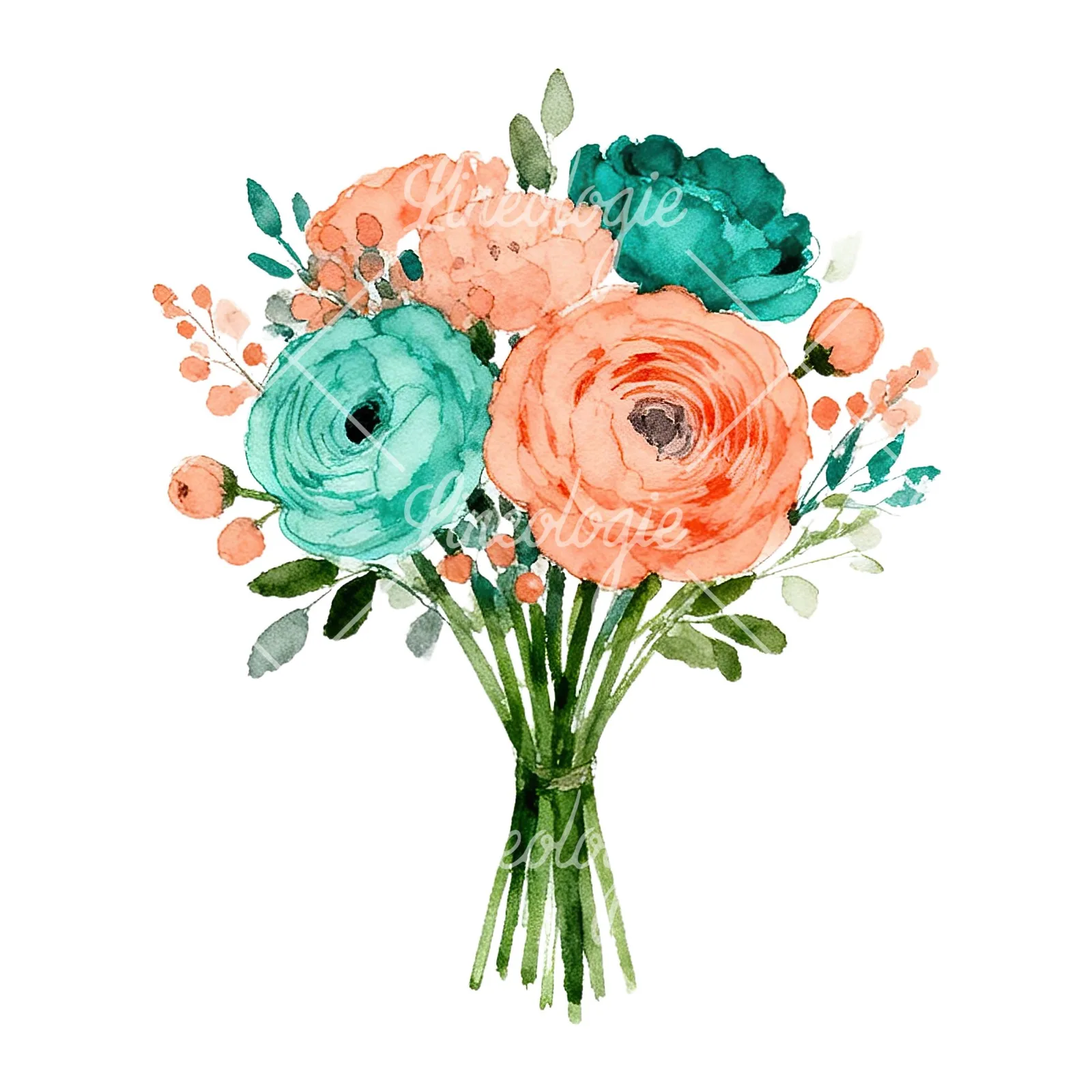 Watercolor coral and teal wedding bouquet clipart 1 of 9 on a white background (JPG)