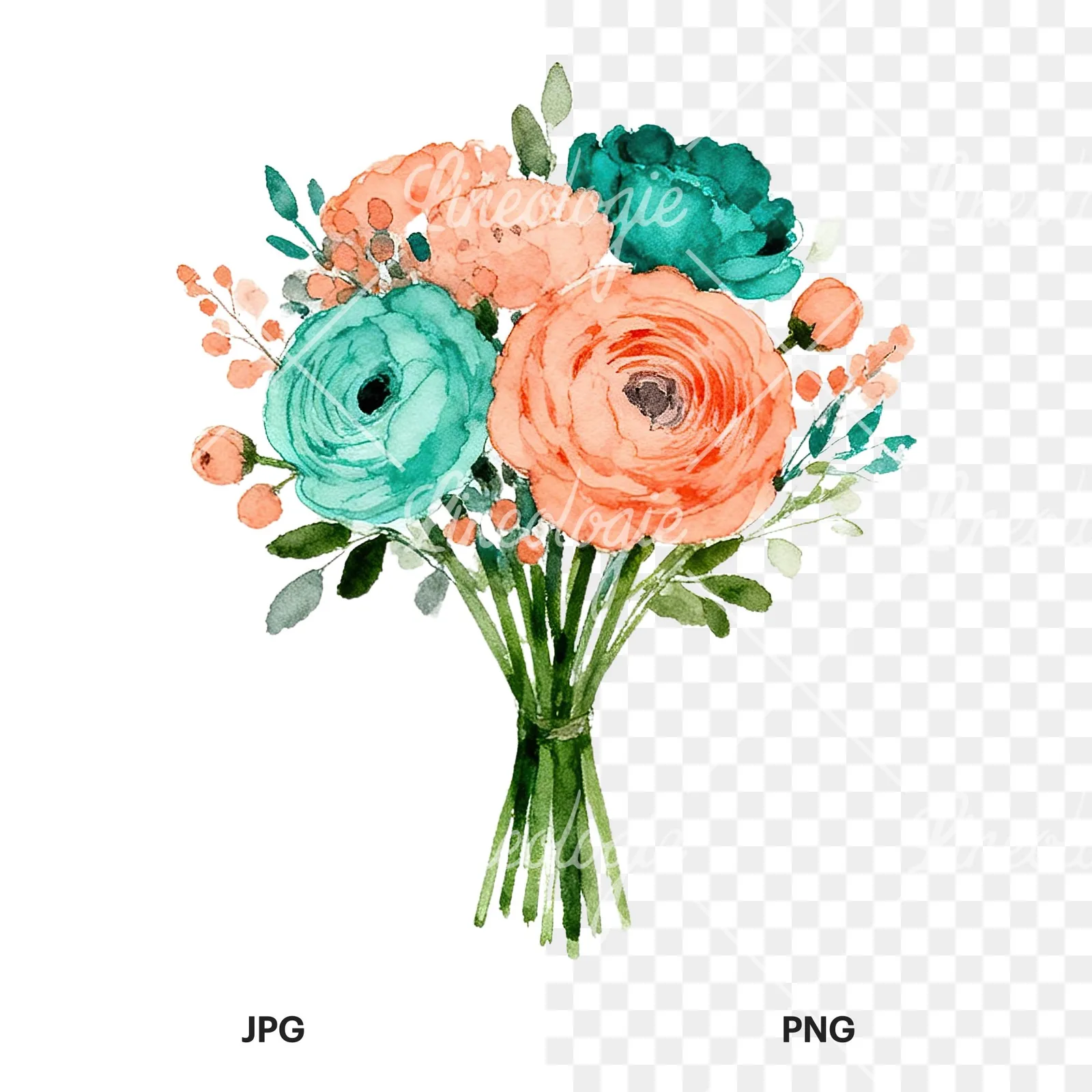 Watercolor coral and teal wedding bouquet clipart 1 of 9, as a JPG on white and a transparent PNG
