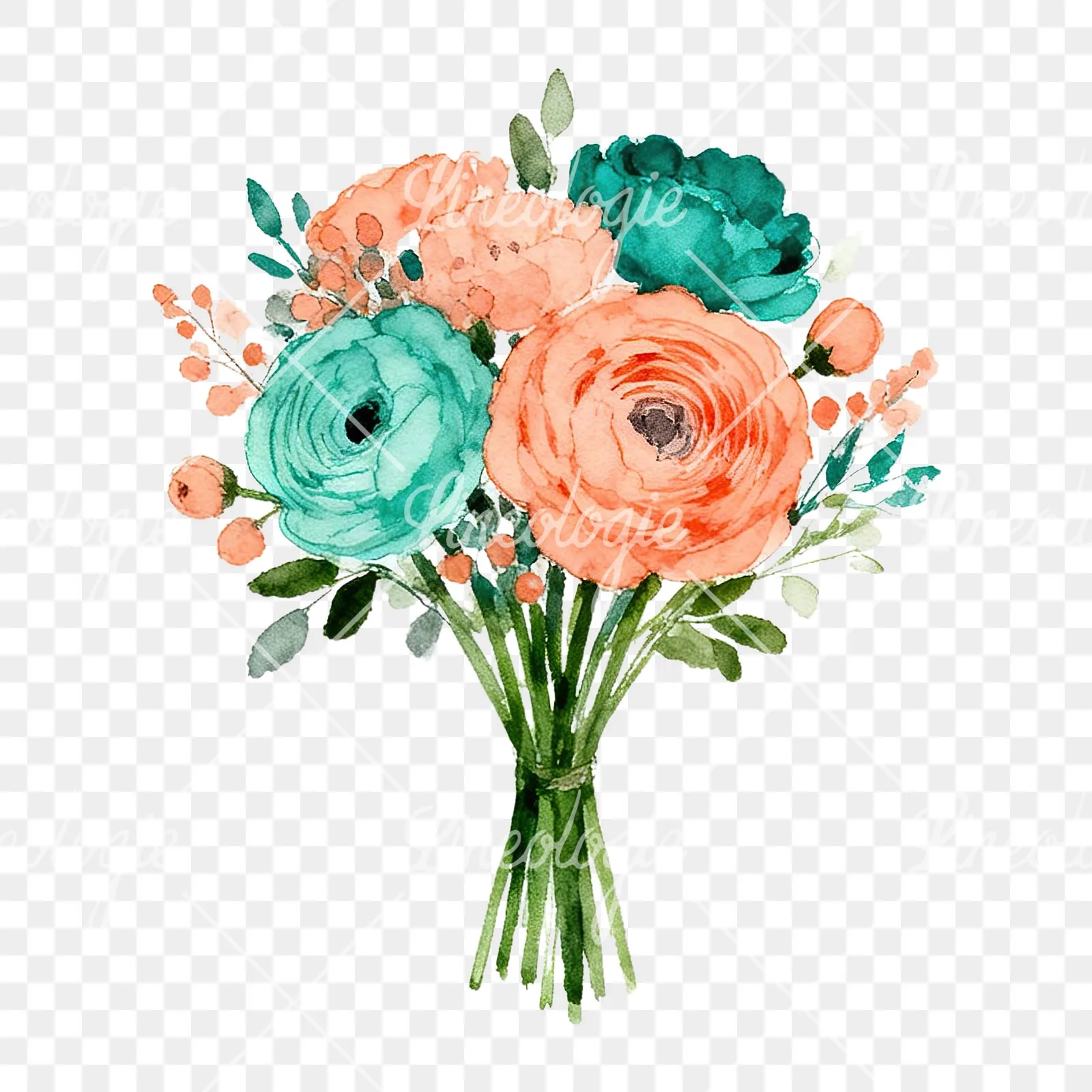 Watercolor coral and teal wedding bouquet clipart 1 of 9 on a transparent background (PNG)