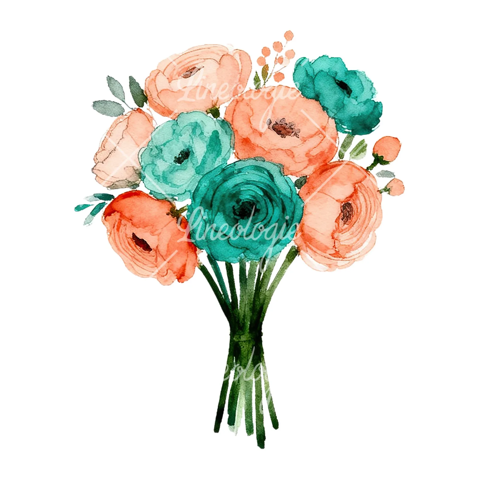 Watercolor coral and teal wedding bouquet clipart 2 of 9 on a white background (JPG)