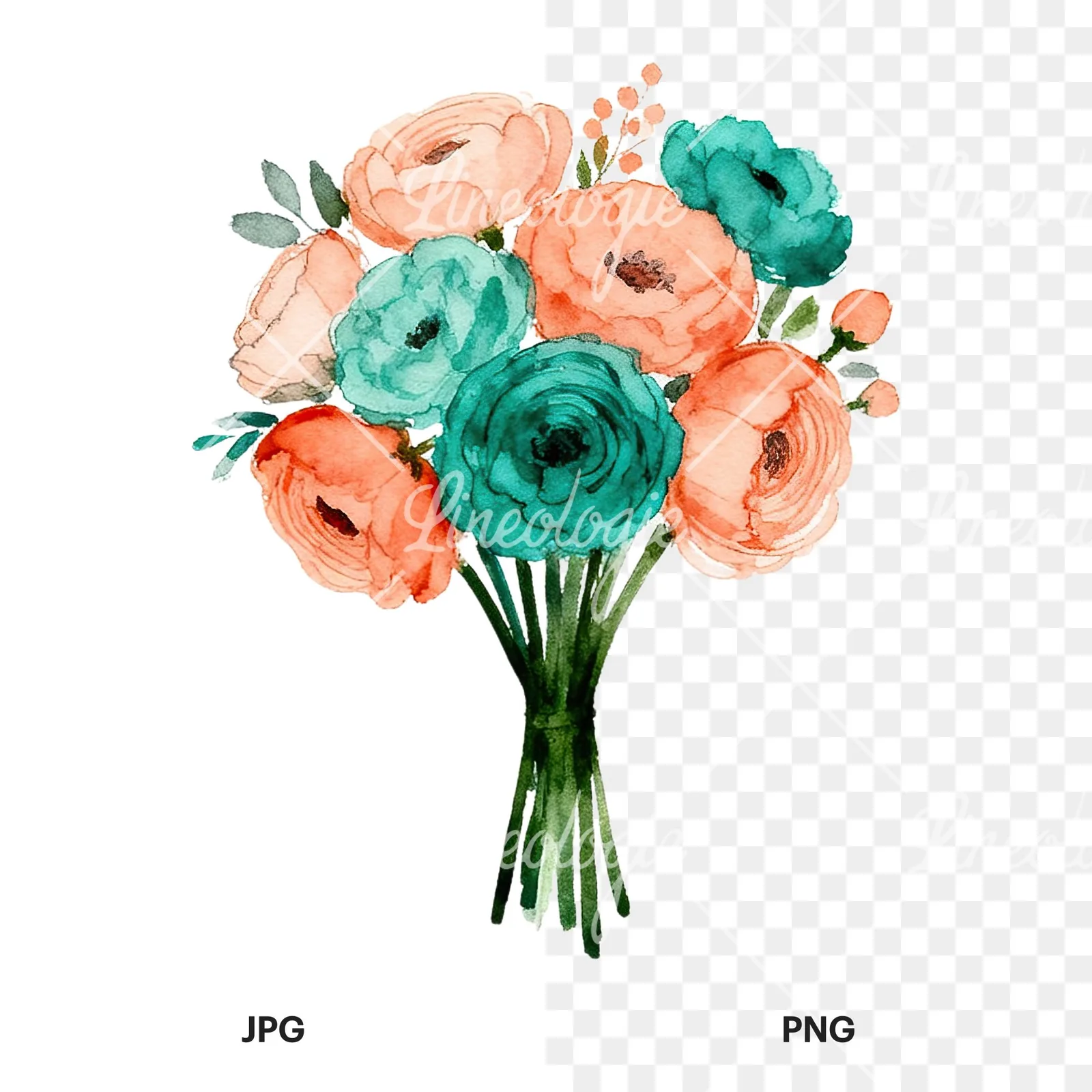 Watercolor coral and teal wedding bouquet clipart 2 of 9, as a JPG on white and a transparent PNG