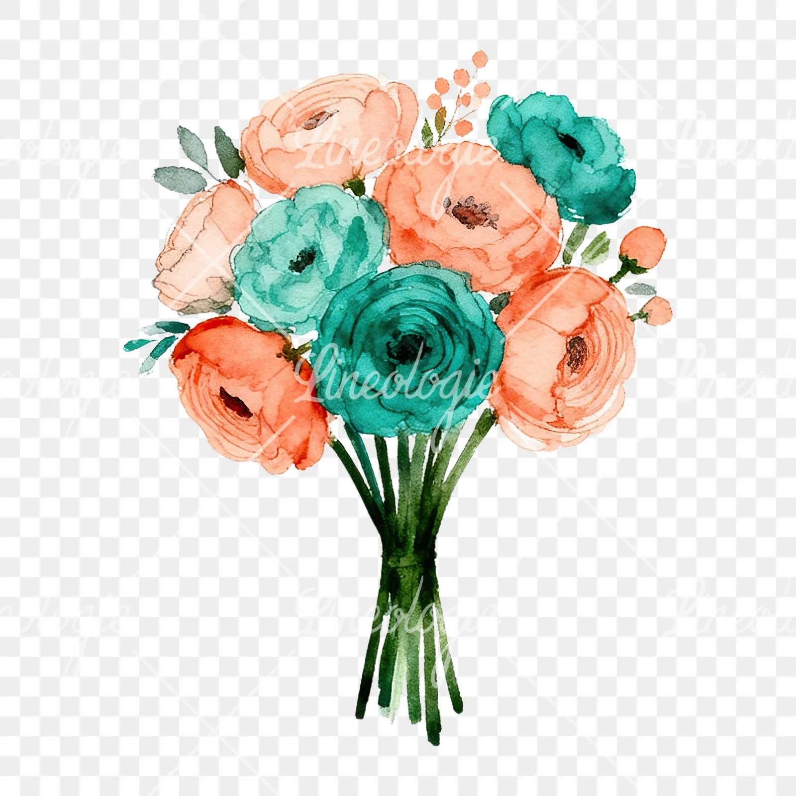 Watercolor coral and teal wedding bouquet clipart 2 of 9 on a transparent background (PNG)