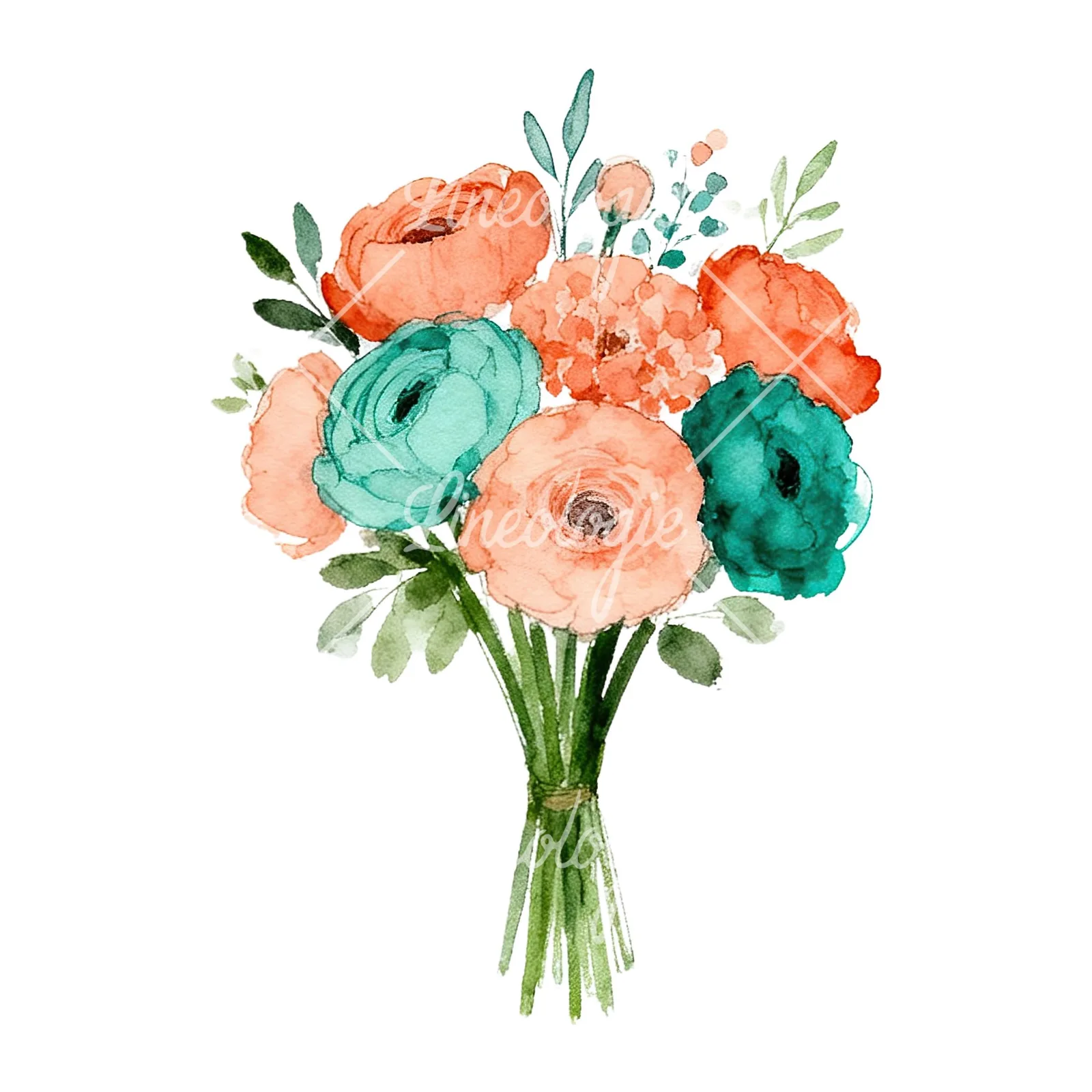 Watercolor coral and teal wedding bouquet clipart 3 of 9 on a white background (JPG)