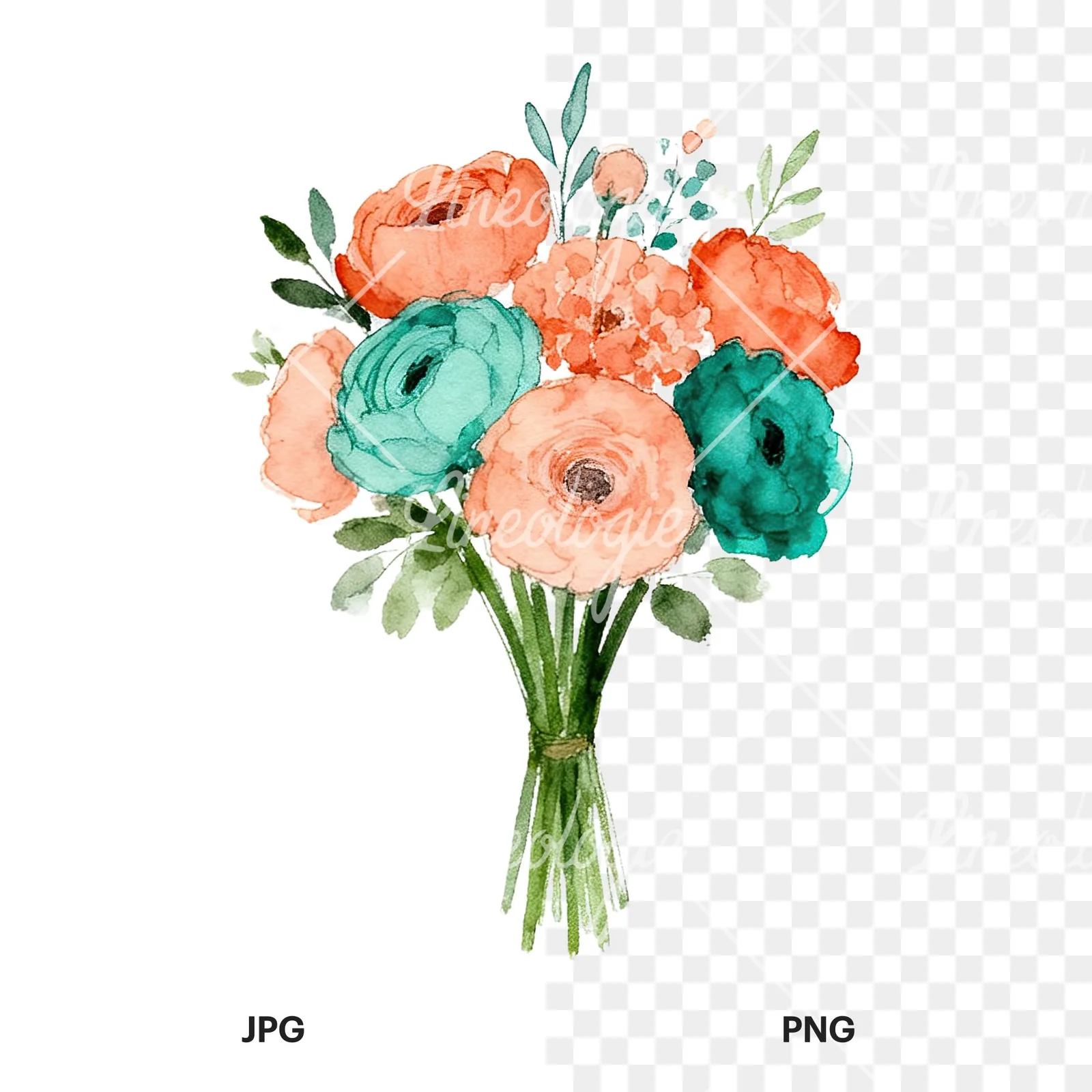 Watercolor coral and teal wedding bouquet clipart 3 of 9, as a JPG on white and a transparent PNG