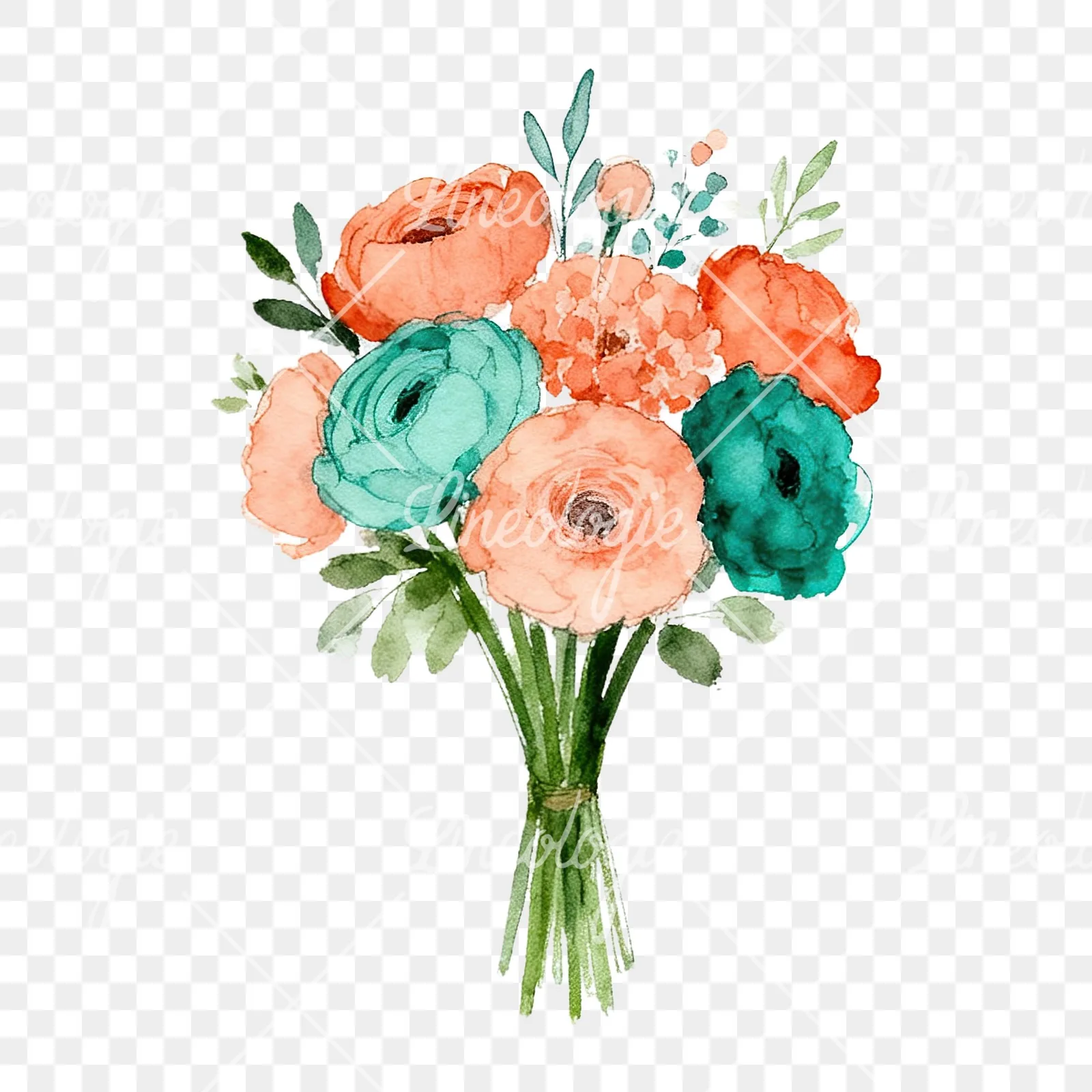 Watercolor coral and teal wedding bouquet clipart 3 of 9 on a transparent background (PNG)