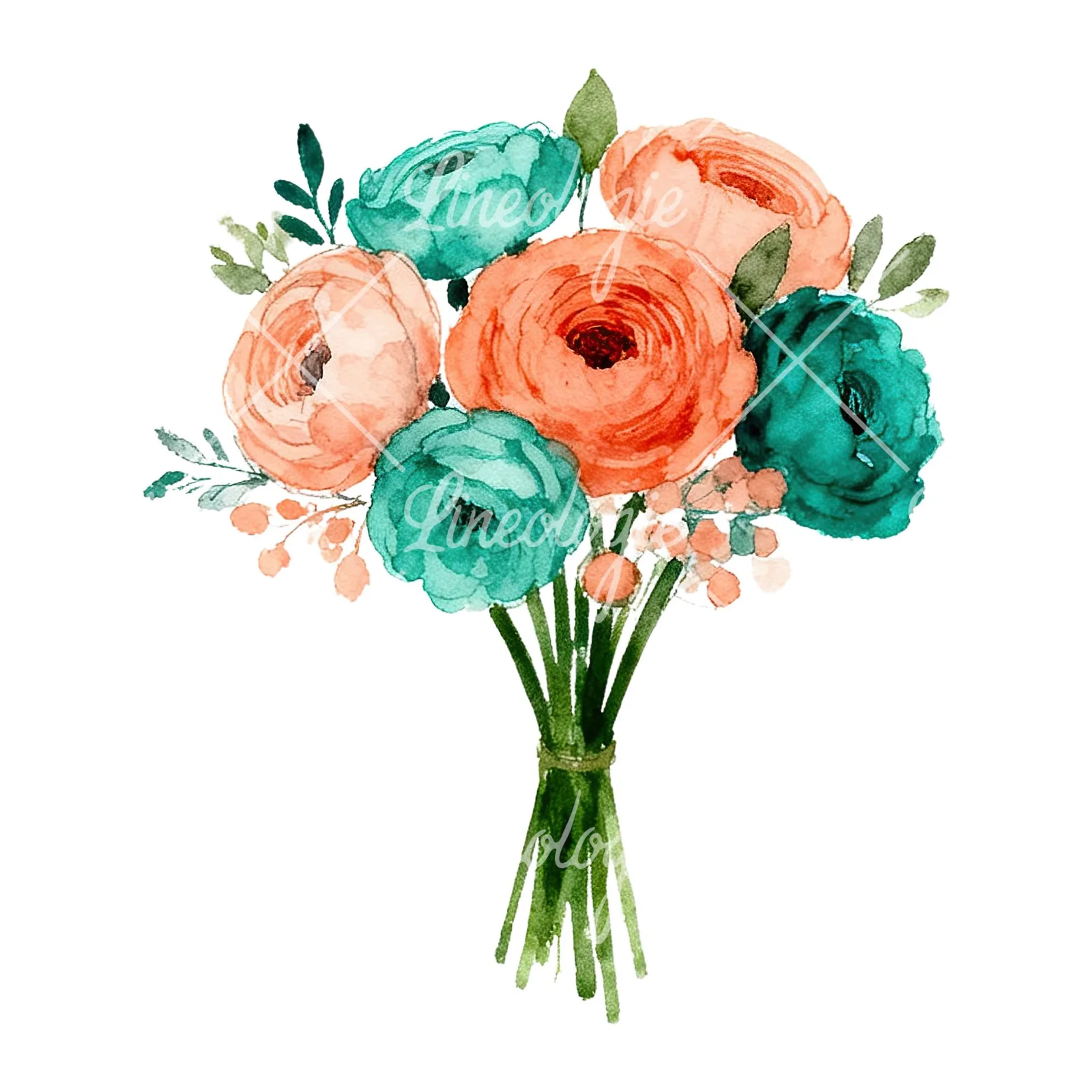 Watercolor coral and teal wedding bouquet clipart 4 of 9 on a white background (JPG)