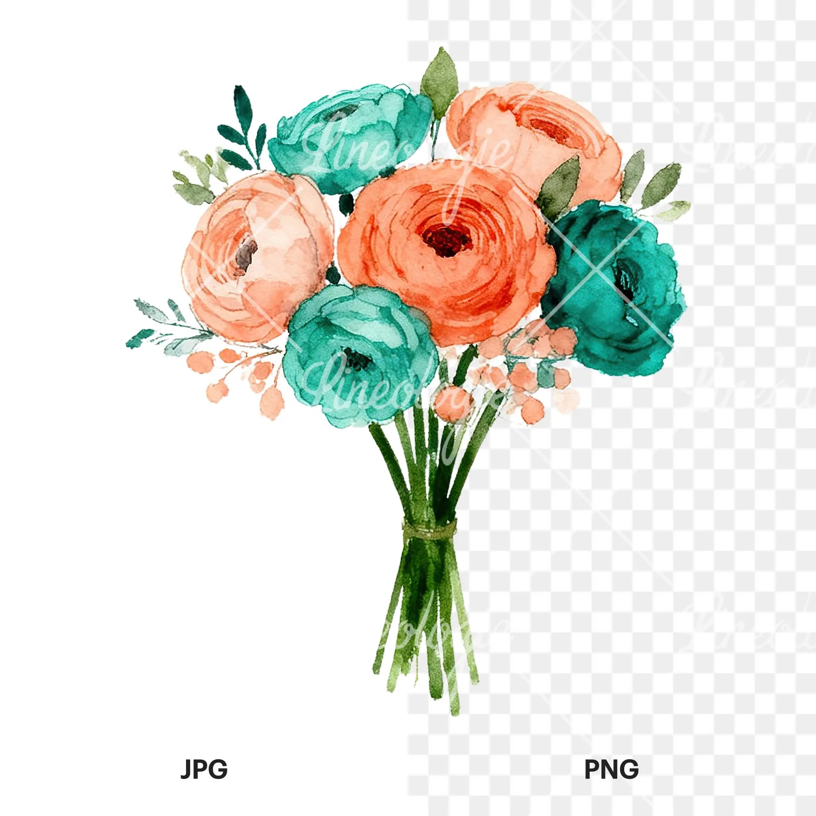 Watercolor coral and teal wedding bouquet clipart 4 of 9, as a JPG on white and a transparent PNG