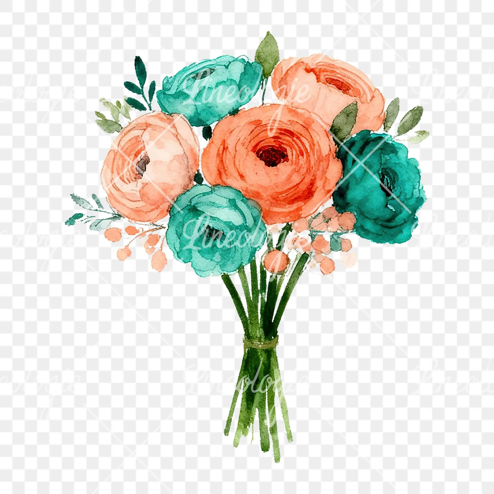Watercolor coral and teal wedding bouquet clipart 4 of 9 on a transparent background (PNG)