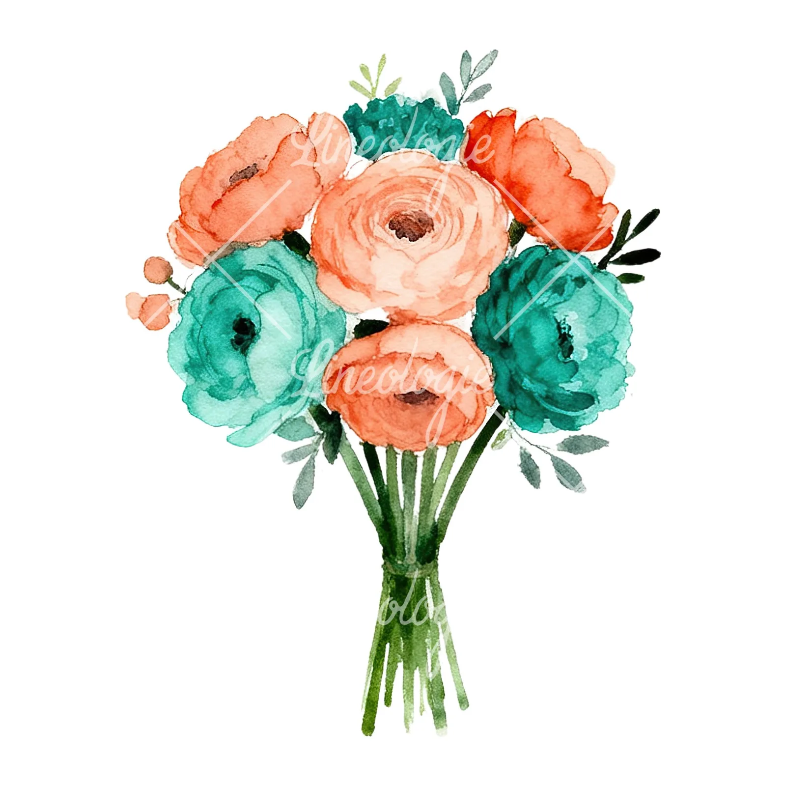 Watercolor coral and teal wedding bouquet clipart 5 of 9 on a white background (JPG)