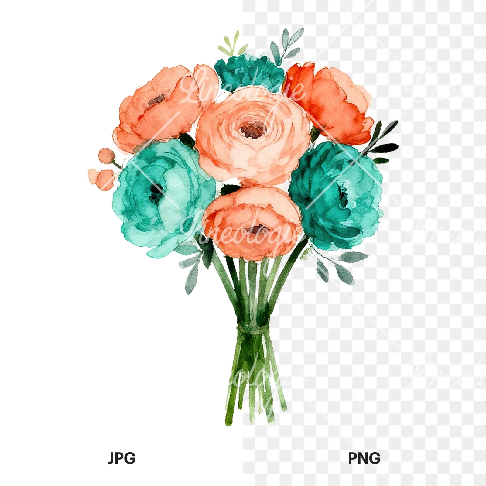 Watercolor coral and teal wedding bouquet clipart 5 of 9, as a JPG on white and a transparent PNG