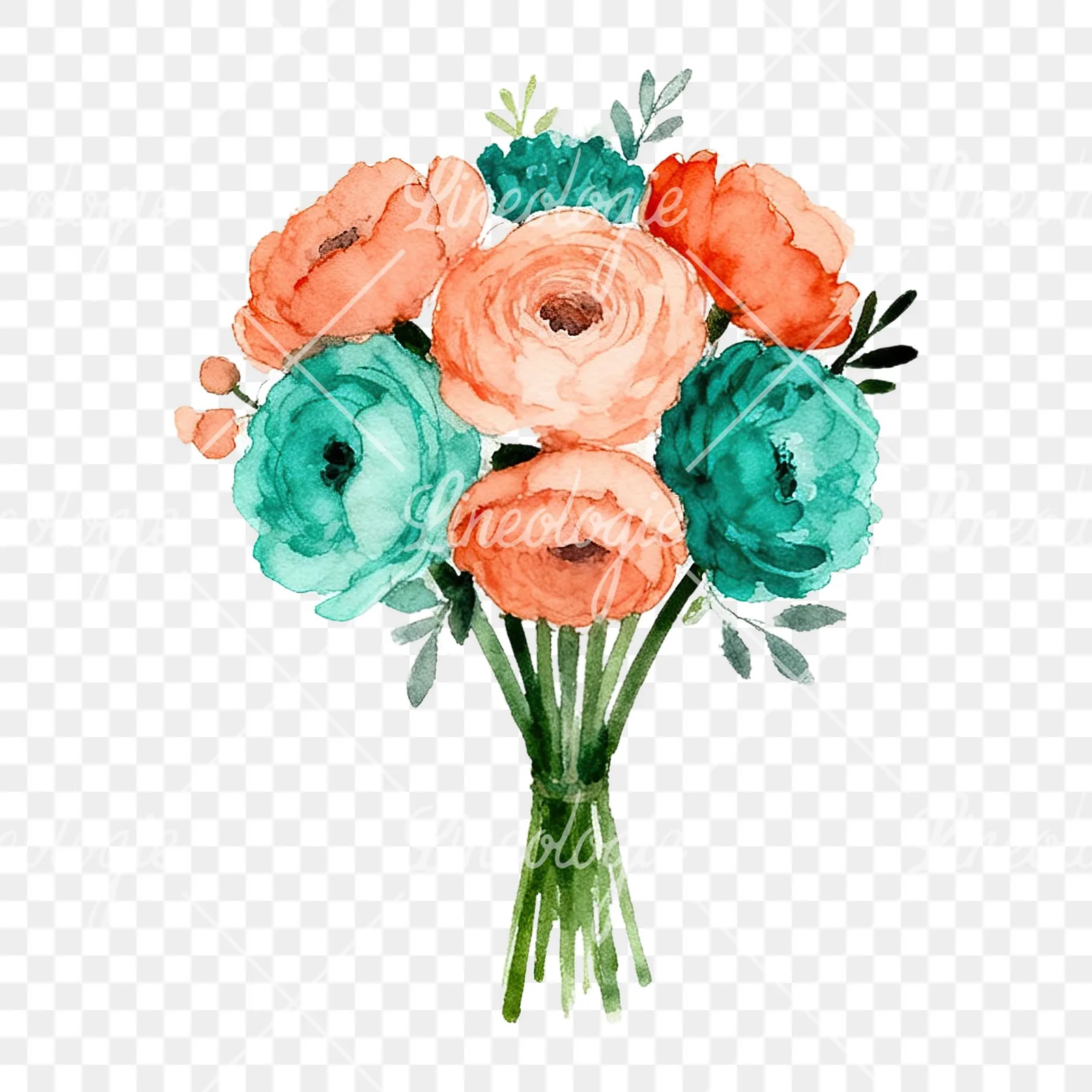 Watercolor coral and teal wedding bouquet clipart 5 of 9 on a transparent background (PNG)