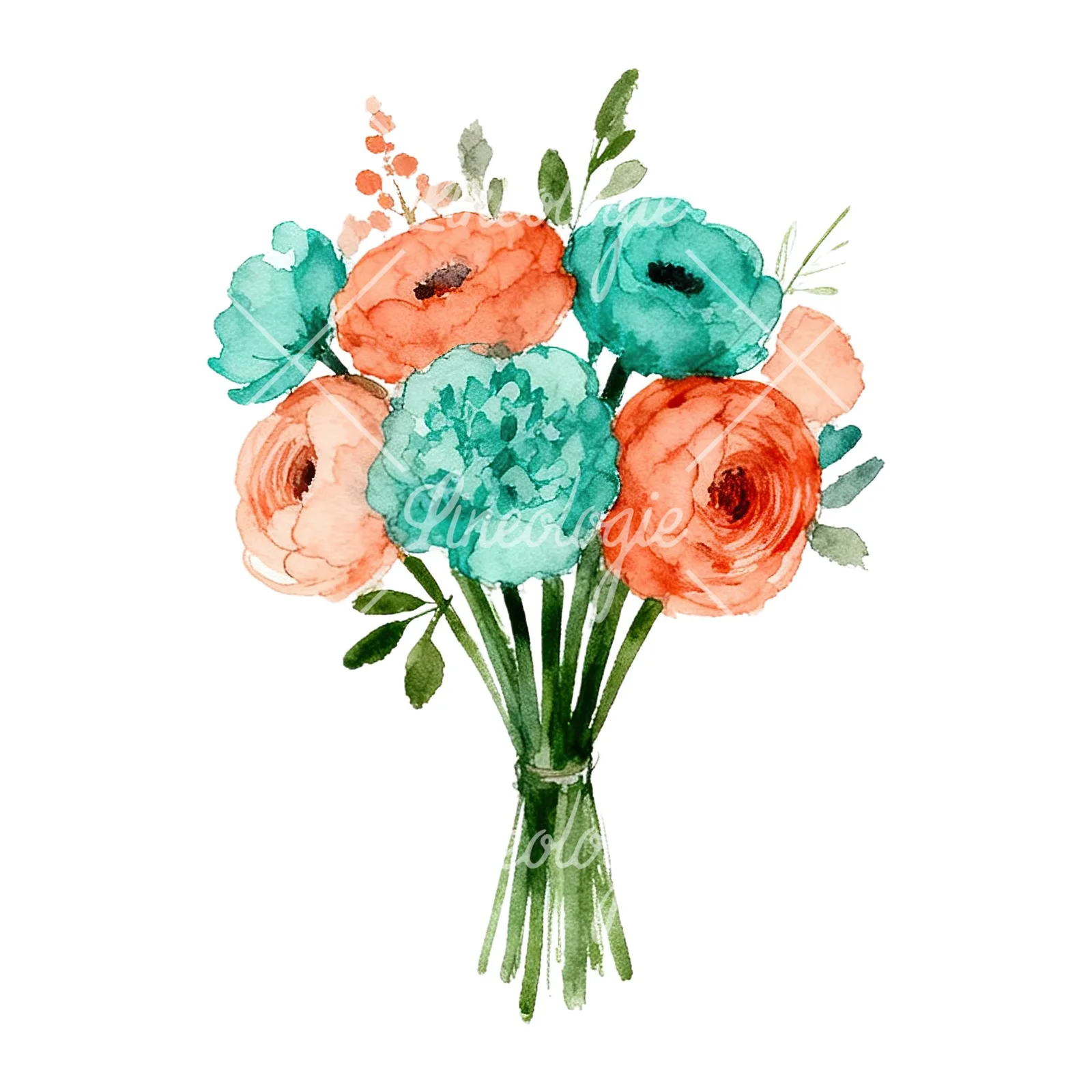 Watercolor coral and teal wedding bouquet clipart 6 of 9 on a white background (JPG)