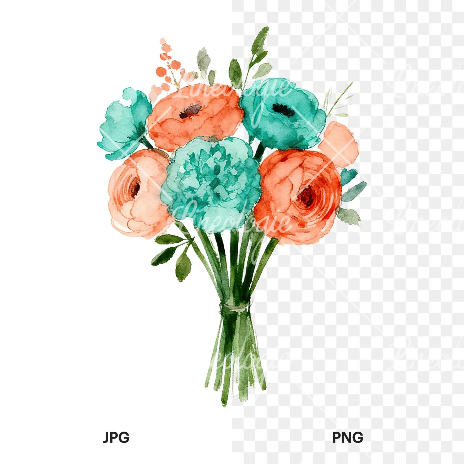 Watercolor coral and teal wedding bouquet clipart 6 of 9, as a JPG on white and a transparent PNG