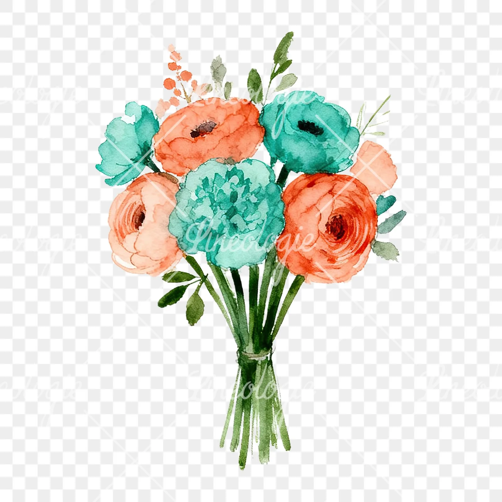 Watercolor coral and teal wedding bouquet clipart 6 of 9 on a transparent background (PNG)