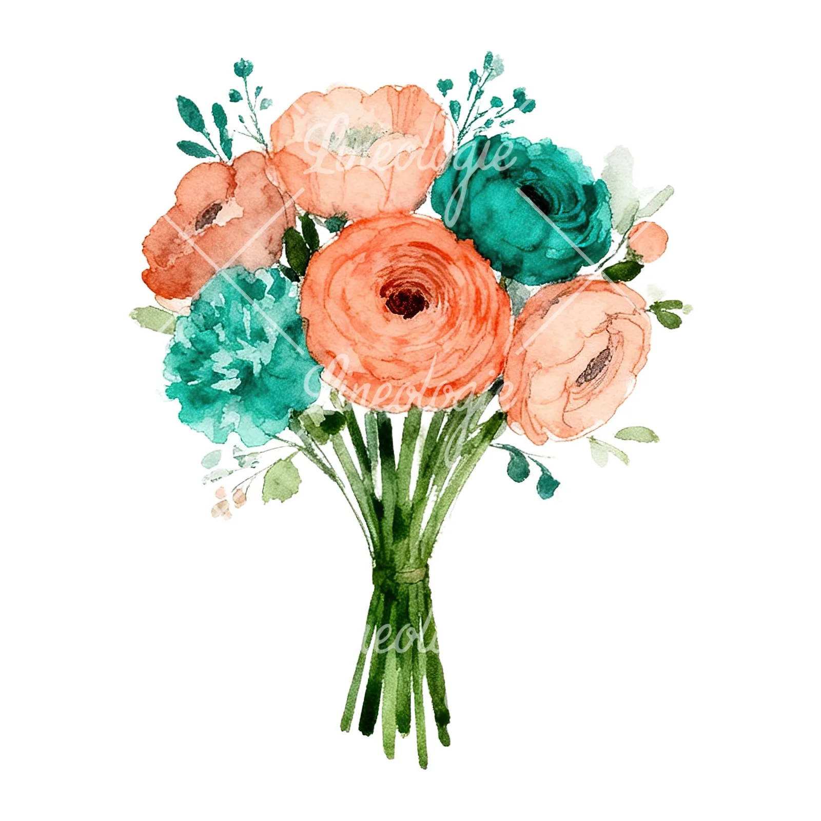 Watercolor coral and teal wedding bouquet clipart 7 of 9 on a white background (JPG)