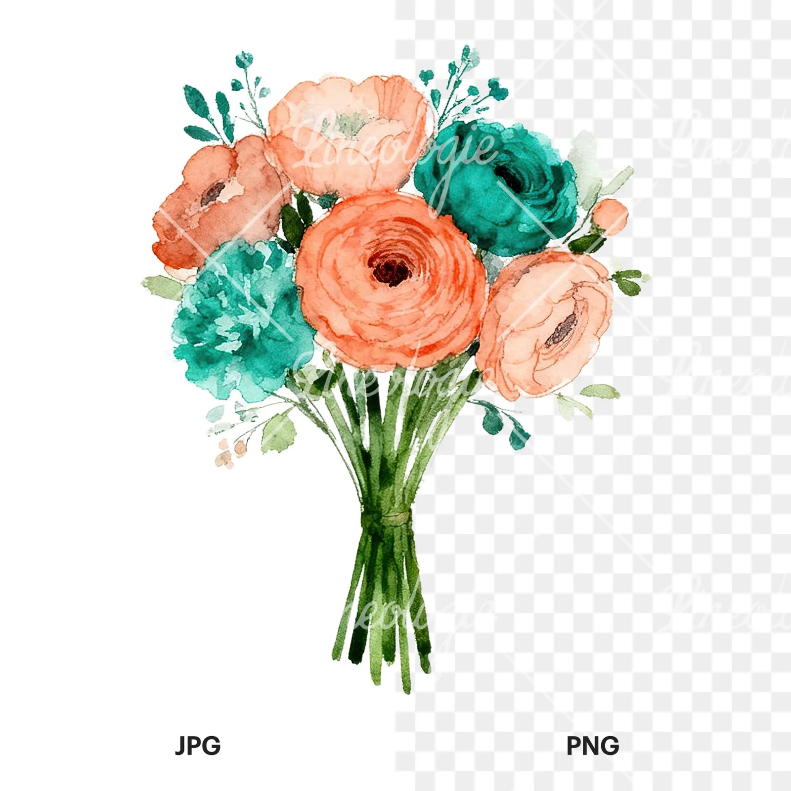 Watercolor coral and teal wedding bouquet clipart 7 of 9, as a JPG on white and a transparent PNG