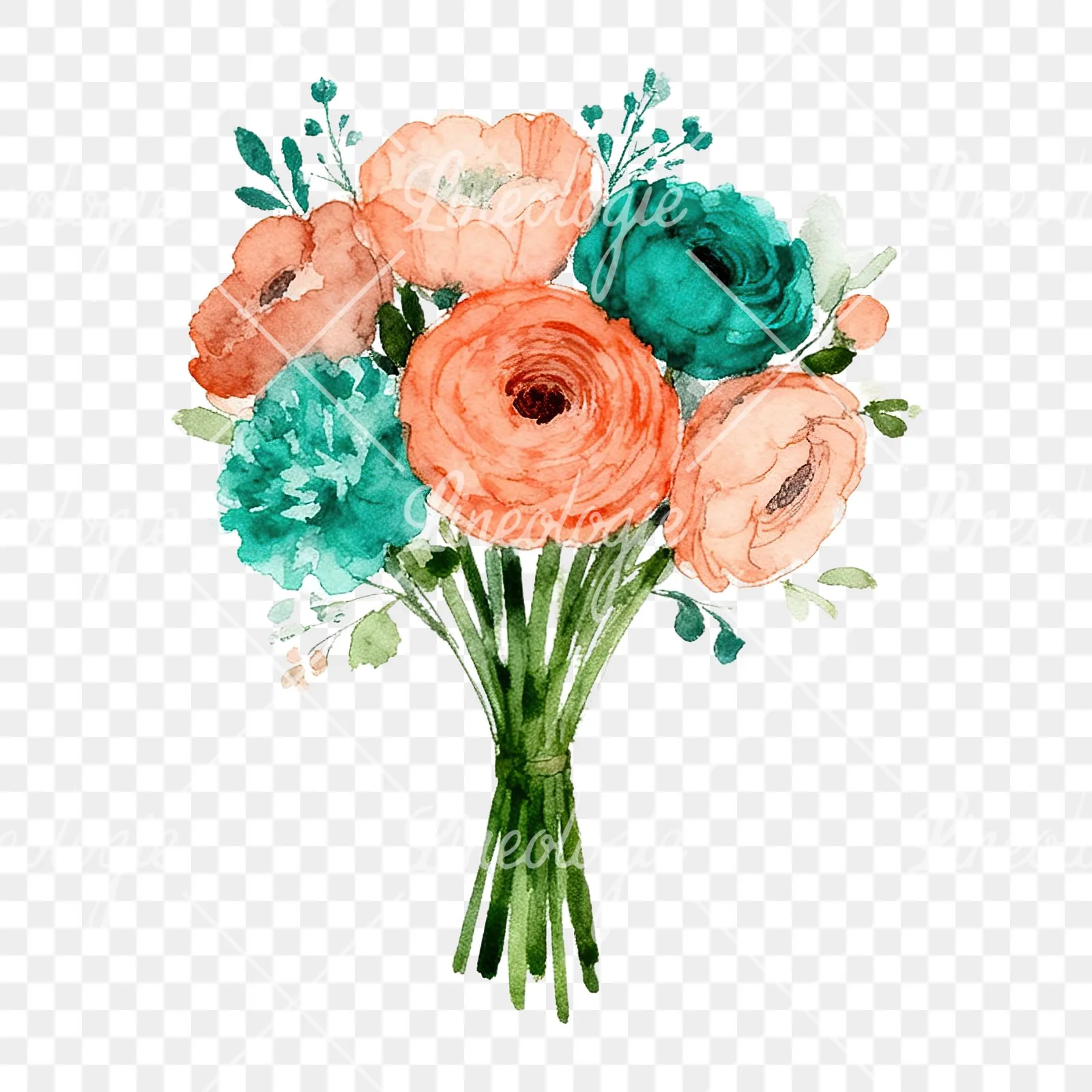 Watercolor coral and teal wedding bouquet clipart 7 of 9 on a transparent background (PNG)
