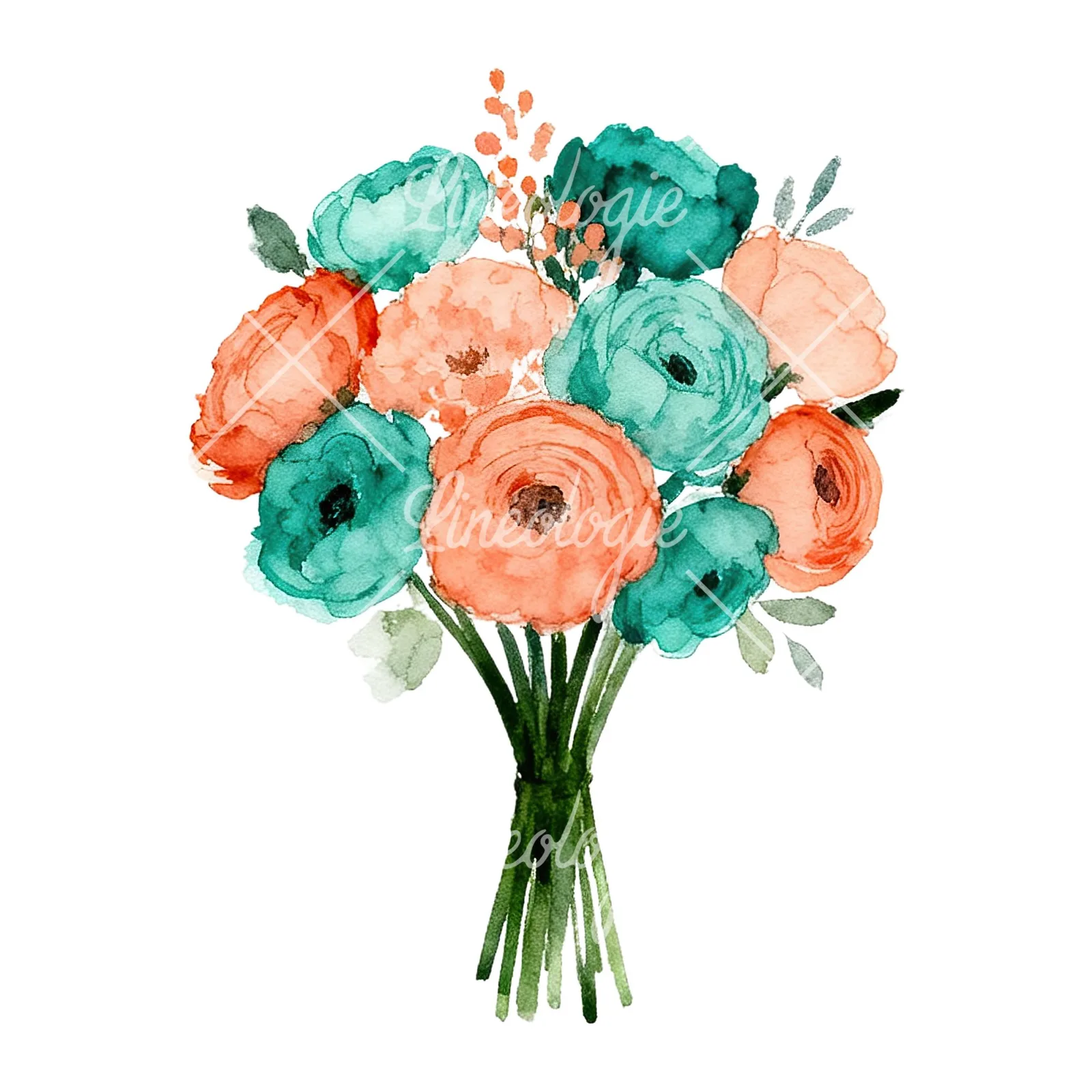Watercolor coral and teal wedding bouquet clipart 8 of 9 on a white background (JPG)