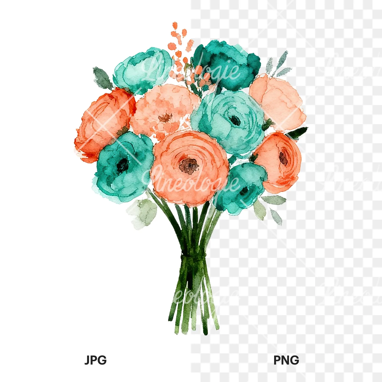 Watercolor coral and teal wedding bouquet clipart 8 of 9, as a JPG on white and a transparent PNG
