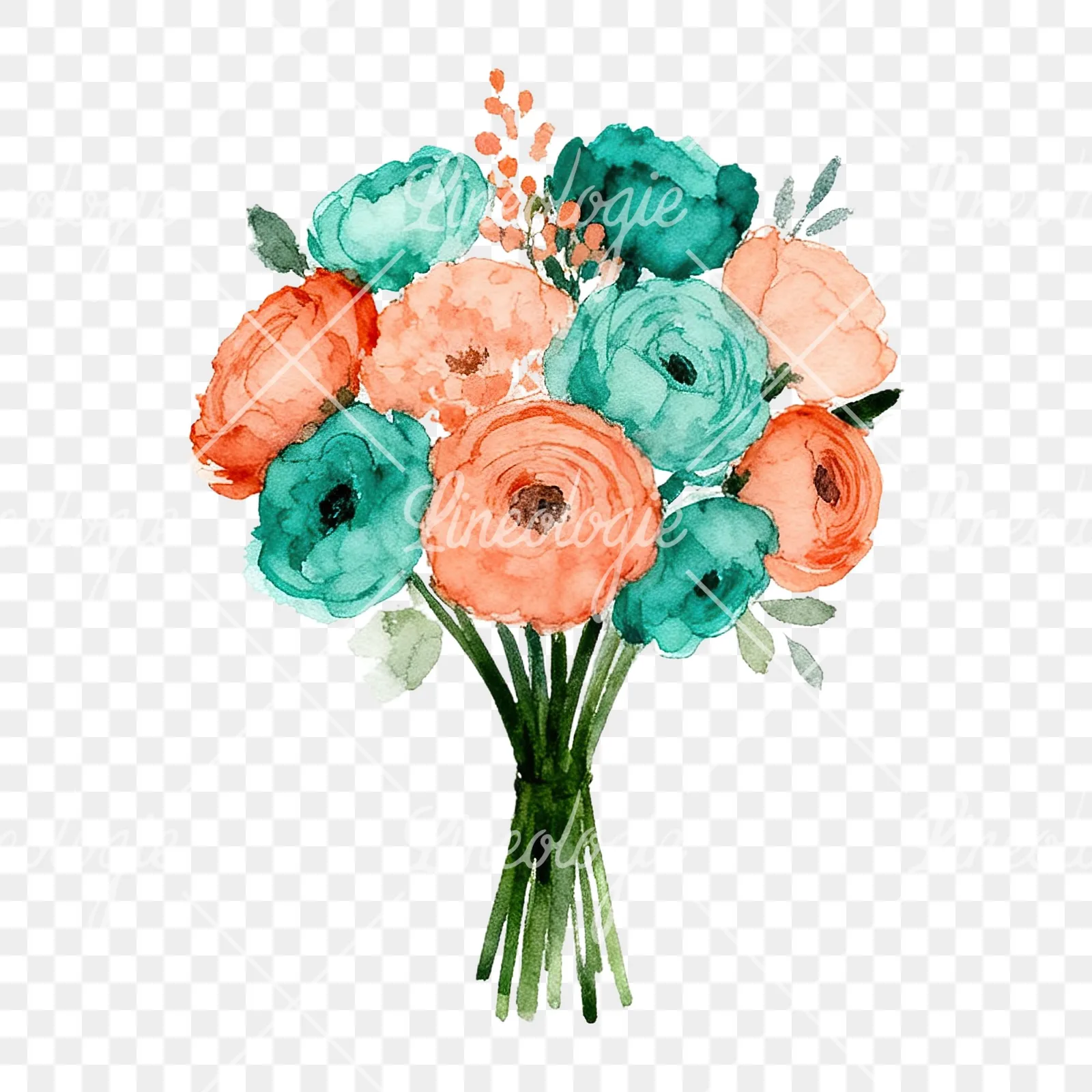 Watercolor coral and teal wedding bouquet clipart 8 of 9 on a transparent background (PNG)