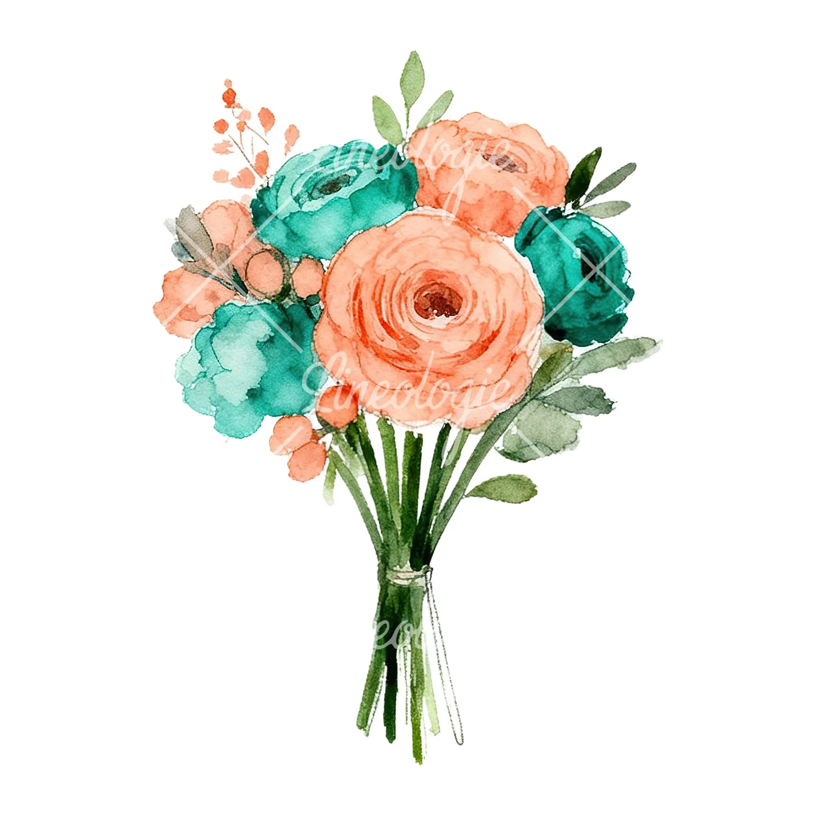 Watercolor coral and teal wedding bouquet clipart 9 of 9 on a white background (JPG)