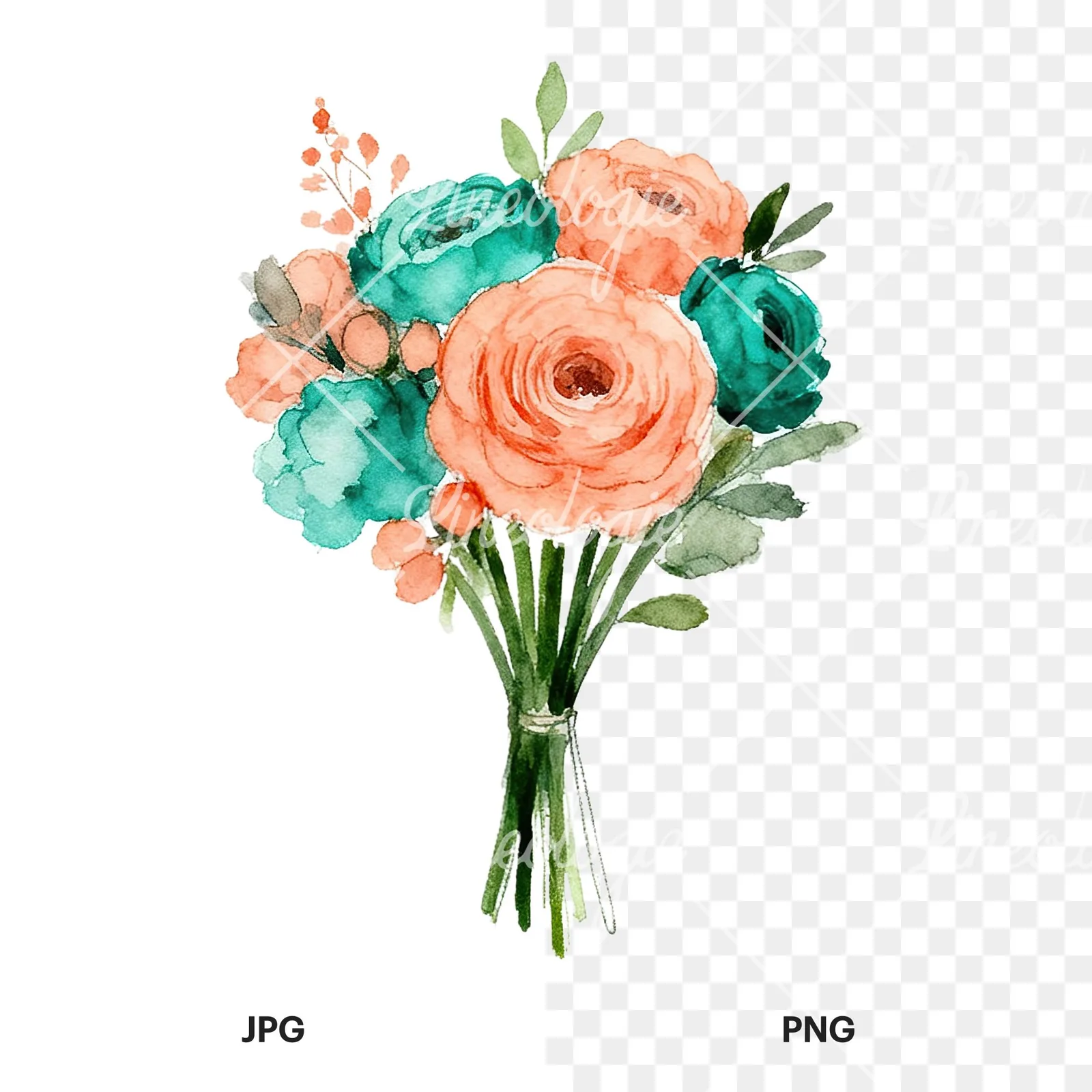 Watercolor coral and teal wedding bouquet clipart 9 of 9, as a JPG on white and a transparent PNG