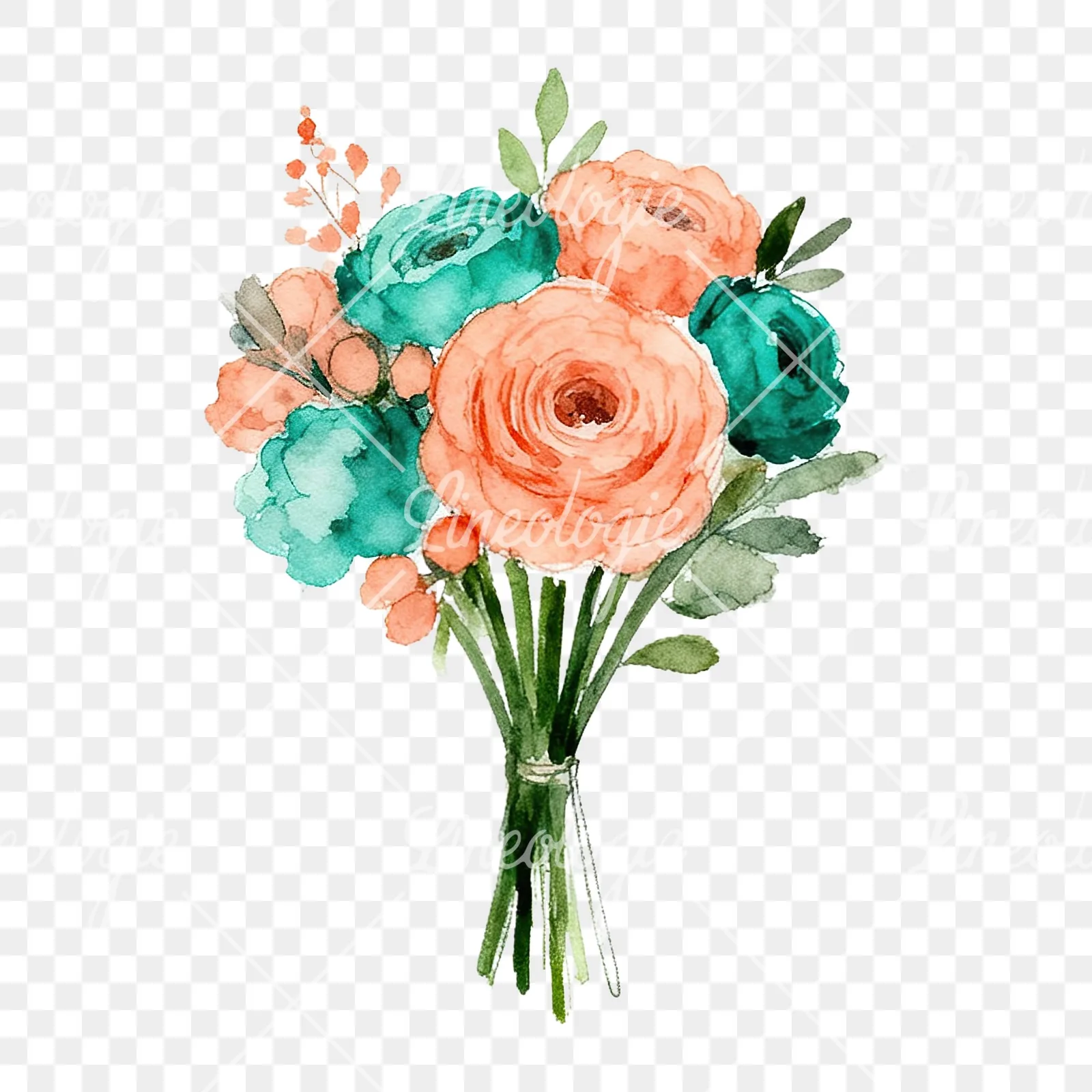 Watercolor coral and teal wedding bouquet clipart 9 of 9 on a transparent background (PNG)