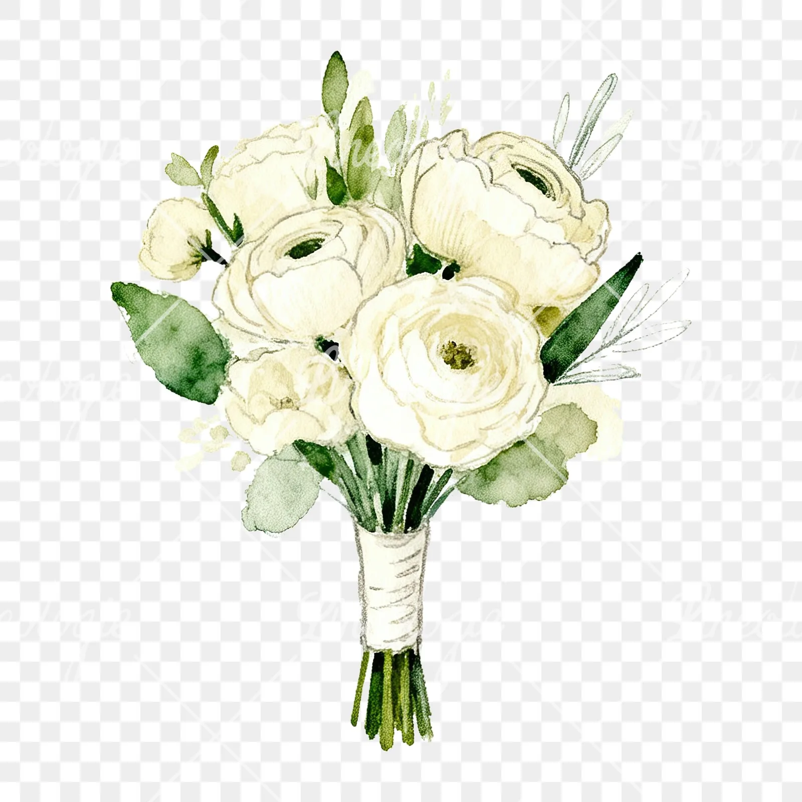 Watercolor cream wedding bouquet clipart 5 of 9 on a transparent background (PNG)