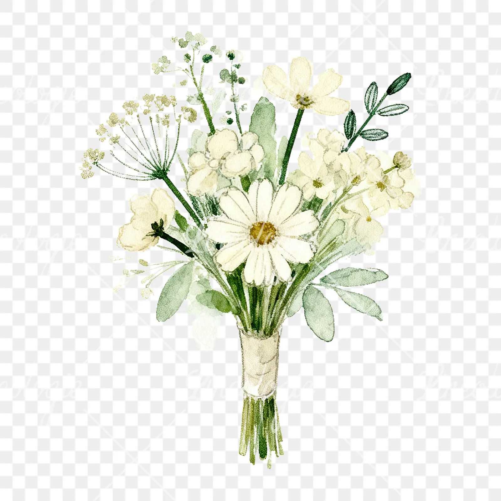 Watercolor cream wedding bouquet clipart 7 of 9 on a transparent background (PNG)
